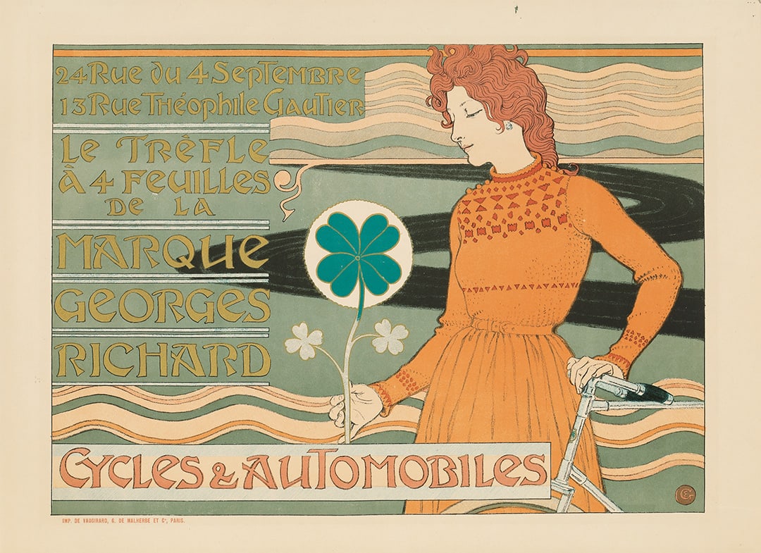 EUGÈNE GRASSET (1841-1917): Artist: EUGÈNE GRASSET (1841-1917) Size: 23 3/4 x 17 1/4 in./60.2 x 44 cm Condition: A/P. Printer: Imp. de Vaugirard & G. de Malherbe, Paris Reference: DFP-II, 415; Bicycle Posters, 21; Berthon & Gra