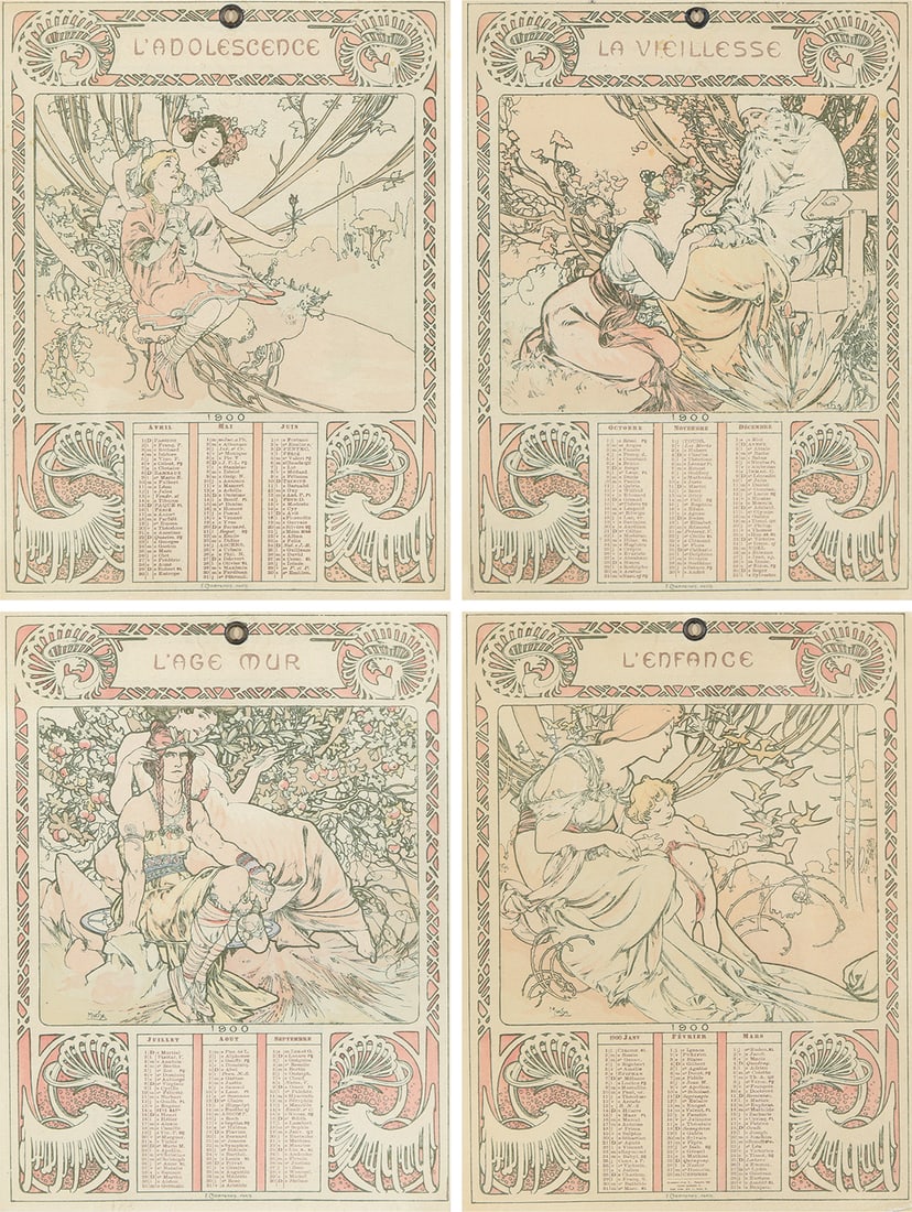 ALPHONSE MUCHA (1860-1939): Artist: ALPHONSE MUCHA (1860-1939) Size: Each: 4 1/8 x 5 1/2 in./10.5 x 14 cm Condition: A-/ Slightly light-stained; with grommets. Framed. Printer: Imp. F. Champenois, Paris Reference: PAI-LXXXIX, 29