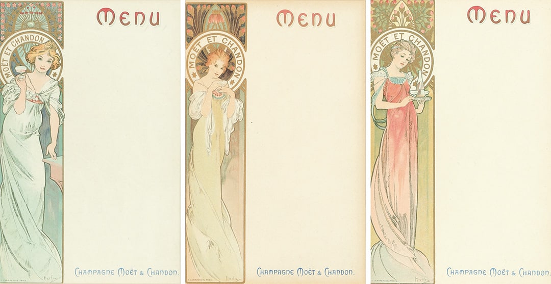 ALPHONSE MUCHA (1860-1939): Artist: ALPHONSE MUCHA (1860-1939) Size: Each: 6 x 8 3/8 in./15.3 x 21.3 cm Condition: A. Framed. Printer: Imp. F. Champenois, Paris Reference: Mucha/Postcards, 10-11 & 13; PAI-XC, 307 (var) Key W