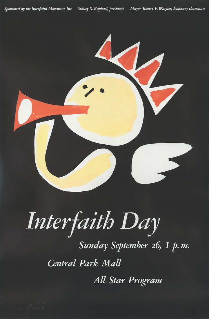 PAUL RAND (1914-1996): Artist: PAUL RAND (1914-1996) Size: 29 5/8 x 45 1/4 in./75.2 x 114.8 cm Condition: A. Key Words: Modern; New York; American Interfaith Day. 1944. A cherub toots its horn to announce the Interfait