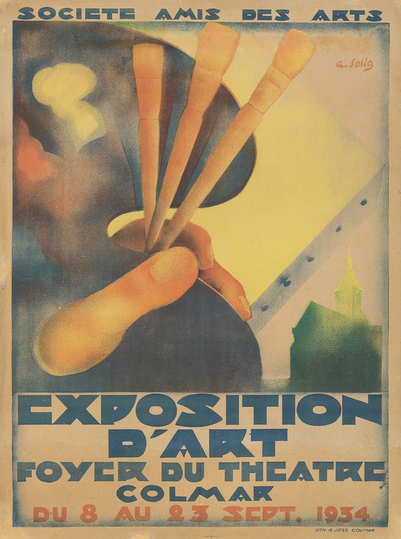 A. SELIG: Artist: A. SELIG Size: 23 5/8 x 32 in./60 x 81.3 cm Condition: B/ Slight tears at folds. Printer: Lith. A. Jess, Colmar Key Words: Art Deco; Exhibitions Exposition d’Art. 1934. This rare