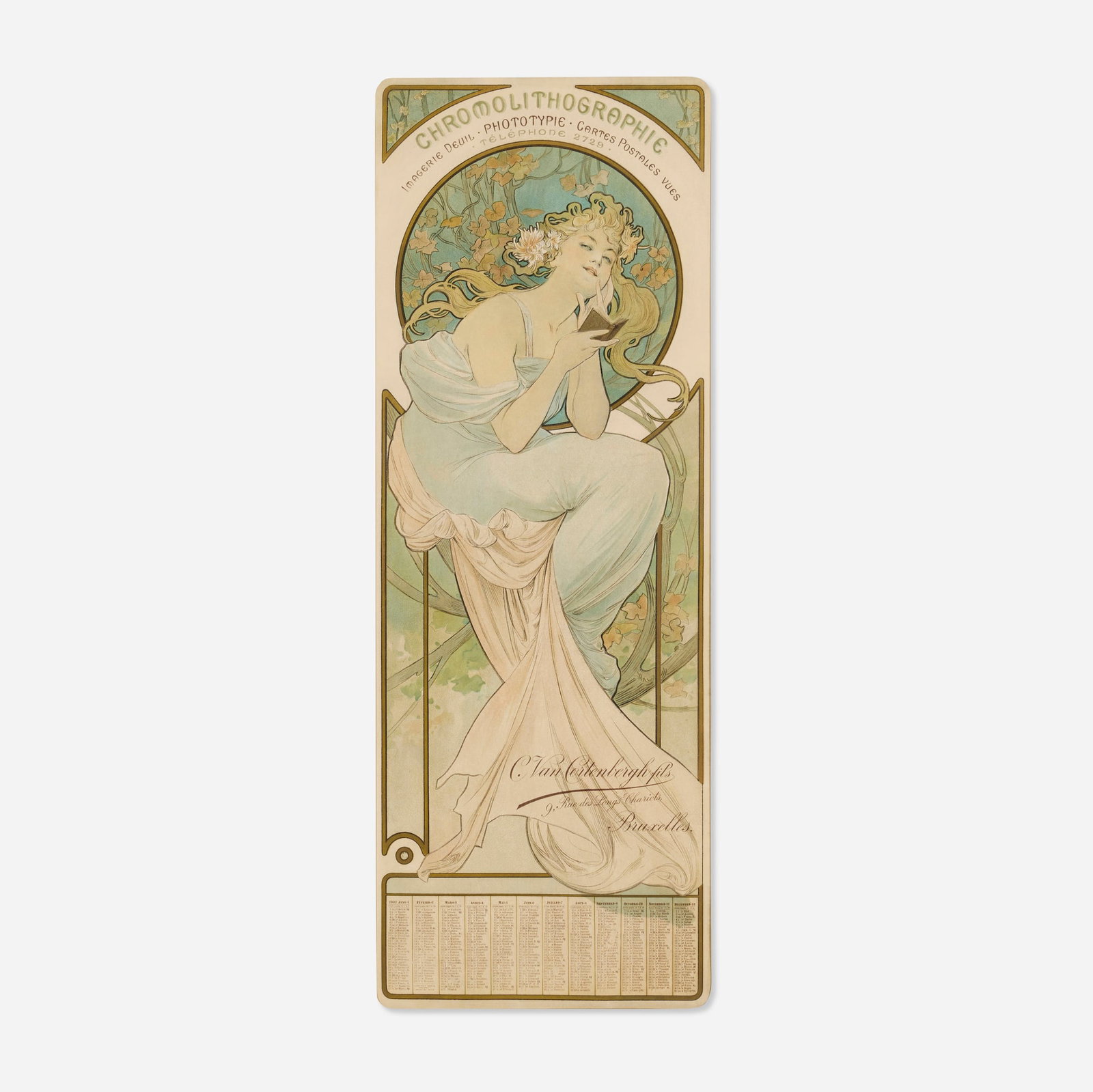 Alphonse Mucha, C. van Cortenbergh fils / Chromolithographie / Bruxelles: Alphonse Mucha C. van Cortenbergh fils / Chromolithographie / Bruxelles 1901 sight: 22.5 h x 8 w in (57 x 20 cm) Previously believed to have been an inexplicably abandoned calendar project created s