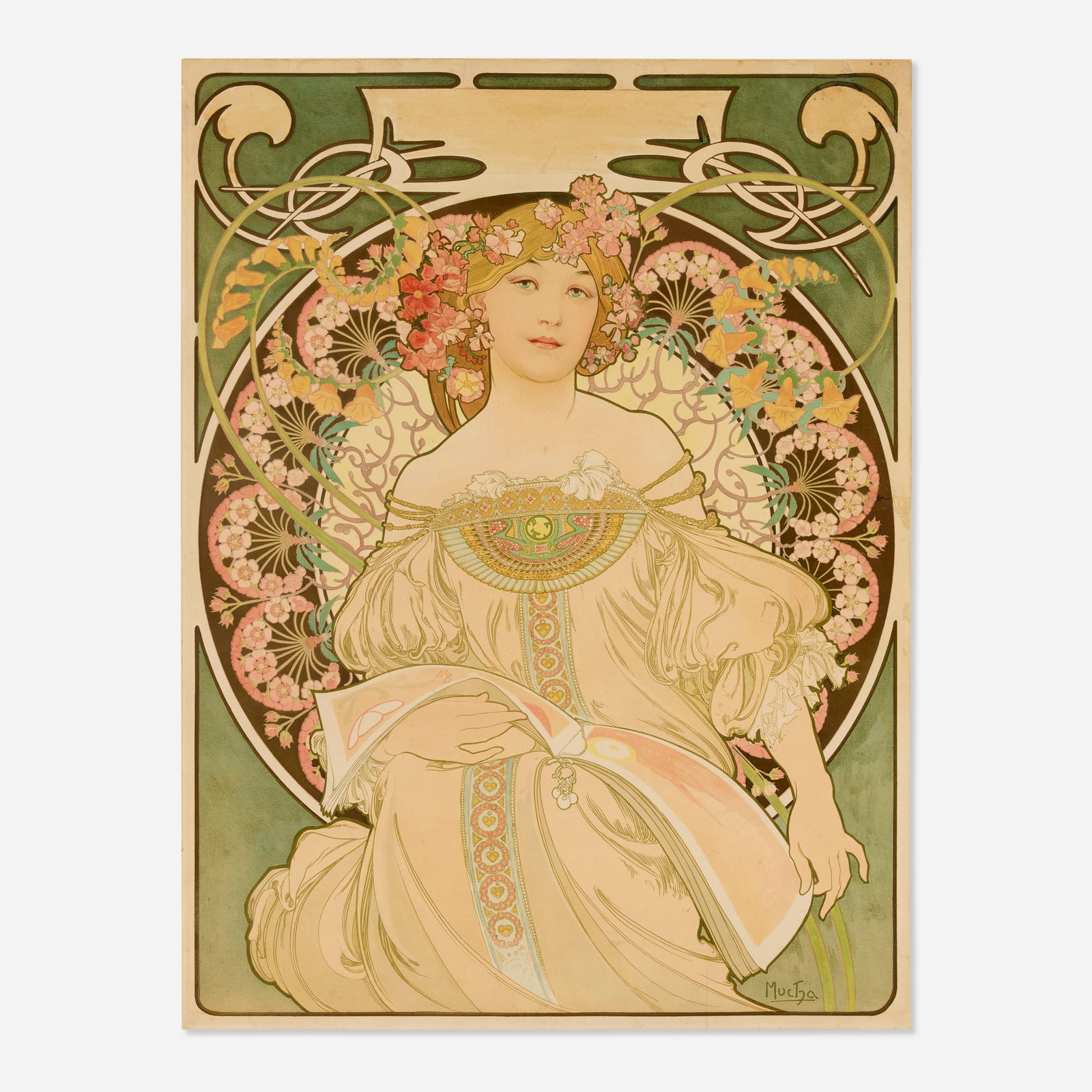 Alphonse Mucha, Reverie: Alphonse Mucha Reverie lithograph in colors 25.75 h x 19.375 w in (65 x 49 cm) As one of Mucha's most popular and beautiful designs, widely sold by La Plume, this rare version before text pre