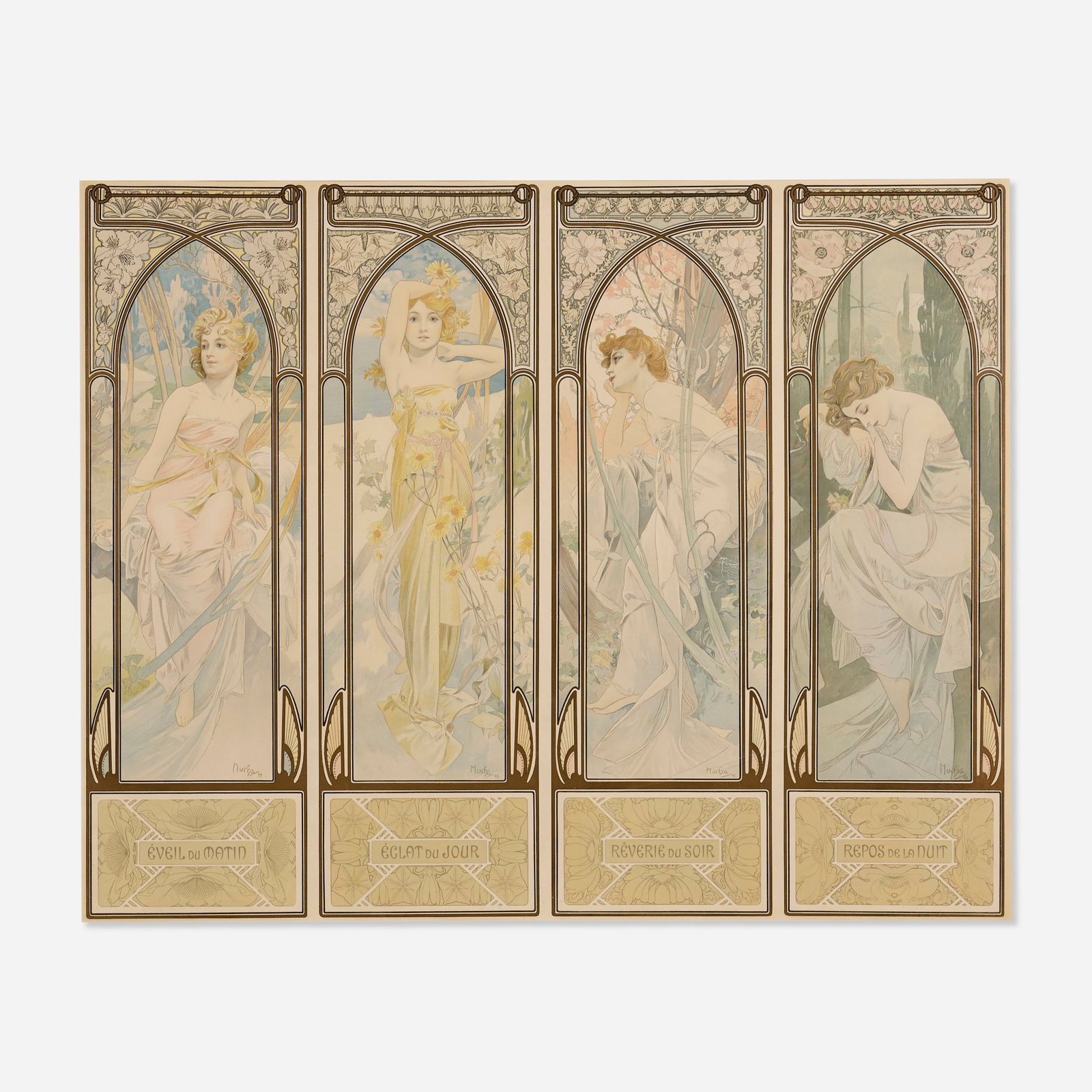 Alphonse Mucha, Times of Day: Alphonse Mucha Times of Day 1899 25 h x 31 w in (63 x 79 cm) In subdued pastels, this "quartet of barefoot young ladies represents the different times of the day. The borders are decorated in identi