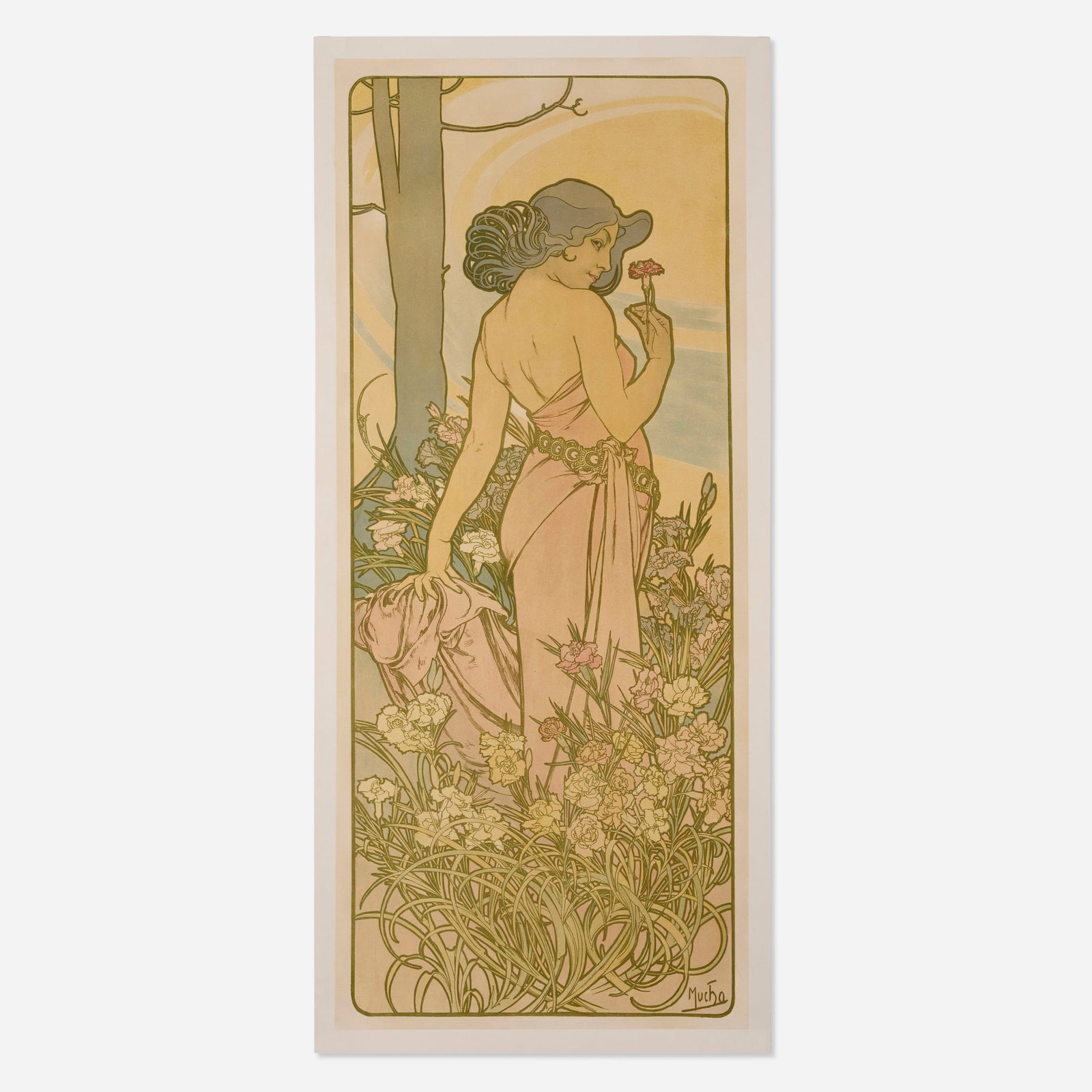 Alphonse Mucha, The Flowers / Carnation: Alphonse Mucha The Flowers / Carnation 1900 41.75 h x 17.5 w in (106 x 44 cm) The Flowers set of decorative panels consisted of four stunning women intended to embody the Rose, the Iris, the Lily, a