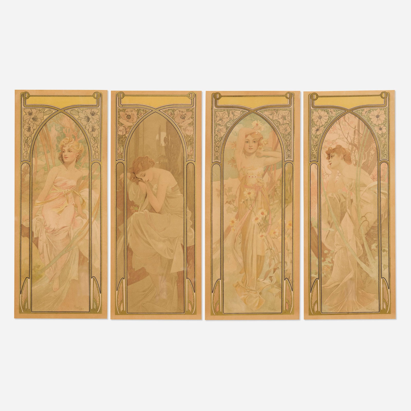 Alphonse Mucha, Times of Day: Alphonse Mucha Times of Day 1899 sight (each): 16.5 h x 6.75 w in (42 x 17 cm) This is an unrecorded set of Mucha's Times of the Day decorative panels, in the smaller format, and without the names o
