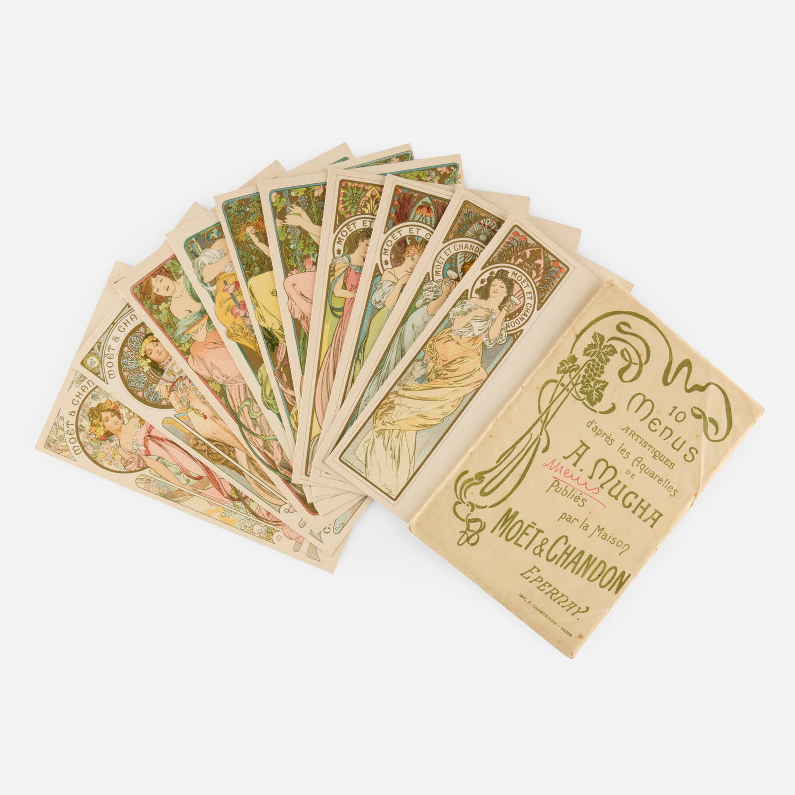 Alphonse Mucha, Ten Moet & Chandon Menu Cards: Alphonse Mucha Ten Moet & Chandon Menu Cards each: 6 h x 4.75 w in (15 x 12 cm) Here are 10 Moet & Chandon menu cards (plus cover), including miniature designs of Mucha's famed Moet diptych (see PAI-X