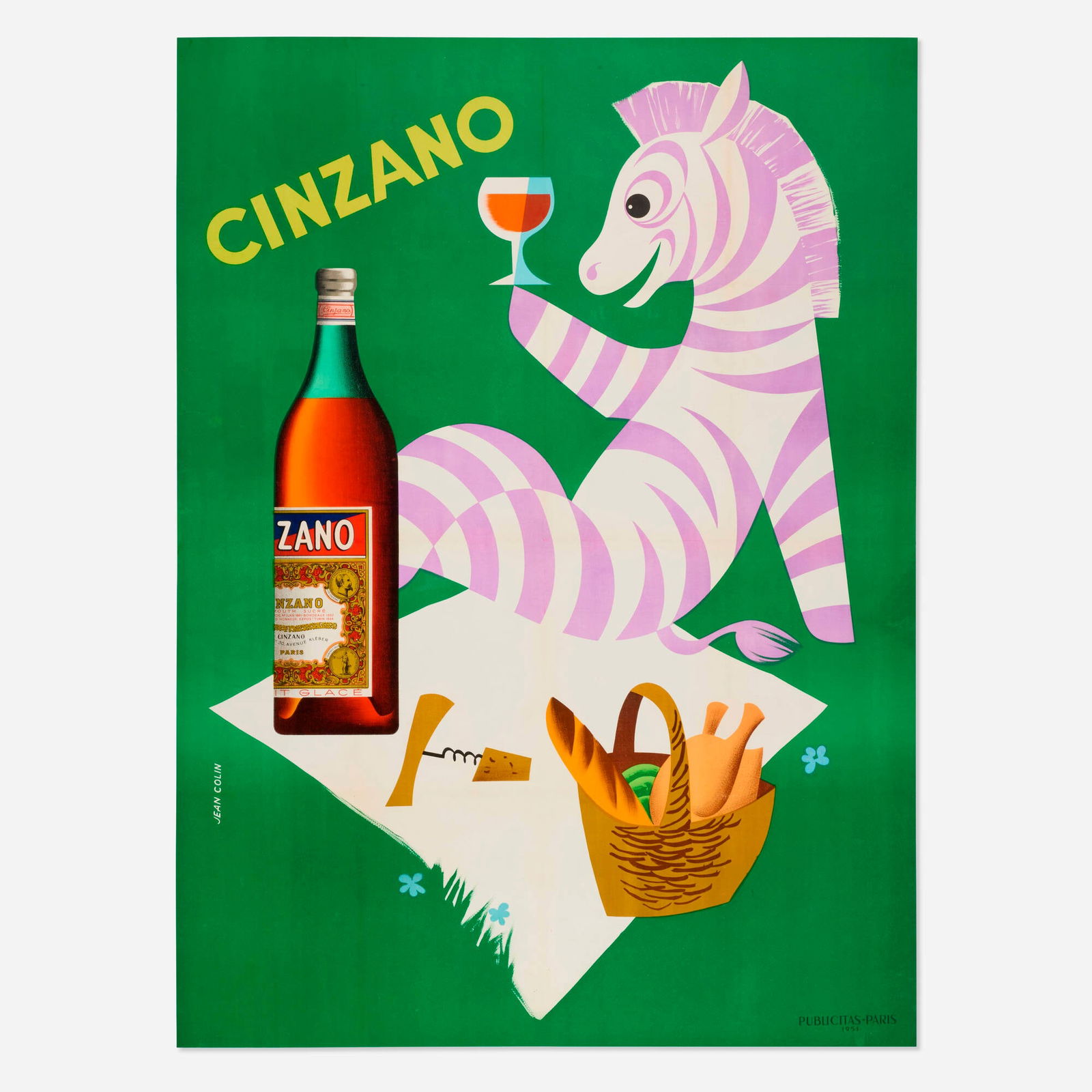 Jean Colin, Cinzano: Jean Colin Cinzano 1951 61.75 h x 45.375 w in (157 x 115 cm) Cappiello first introduced the zebra as Cinzano's mascot in 1910; forty years later, the beloved character has been reinterpreted for new