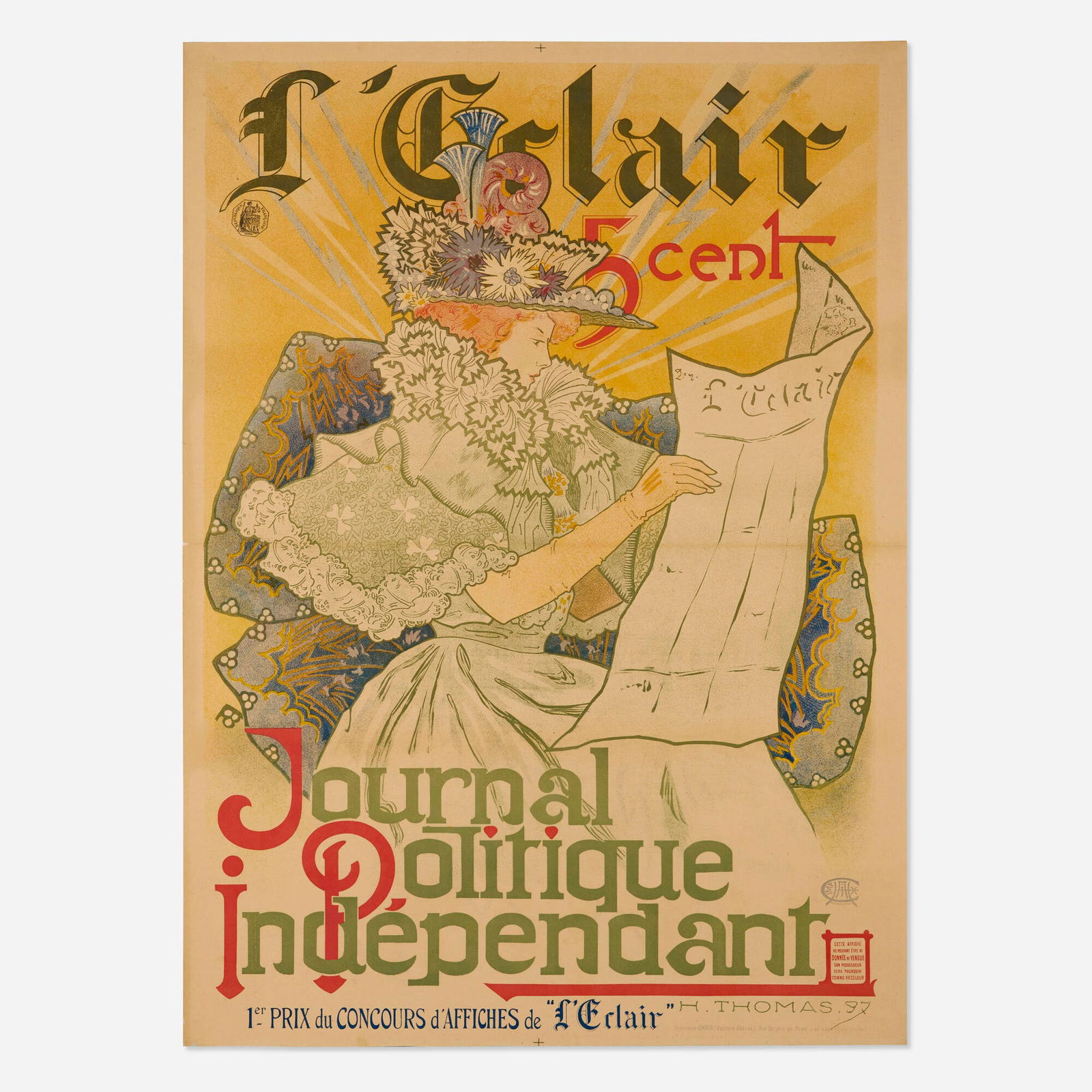 Henry Atwell Thomas, L'Eclair / Journal Politique Independant: Henry Atwell Thomas L'Eclair / Journal Politique Independant 1897 32.75 h x 23.75 w in (83 x 60 cm) Thomas was an American painter, lithographer, and co-owner of the printing firm Thomas & Wylie of