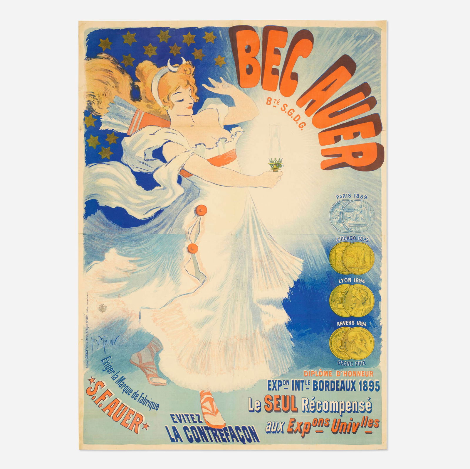 Georges Meunier, Bec Auer: Georges Meunier Bec Auer 1895 67.25 h x 47.875 w in (171 x 122 cm) Meunier's deft touch is on display in his two-sheet poster for Auer gaslight fixtures. Nearly every posterist of note during the Be