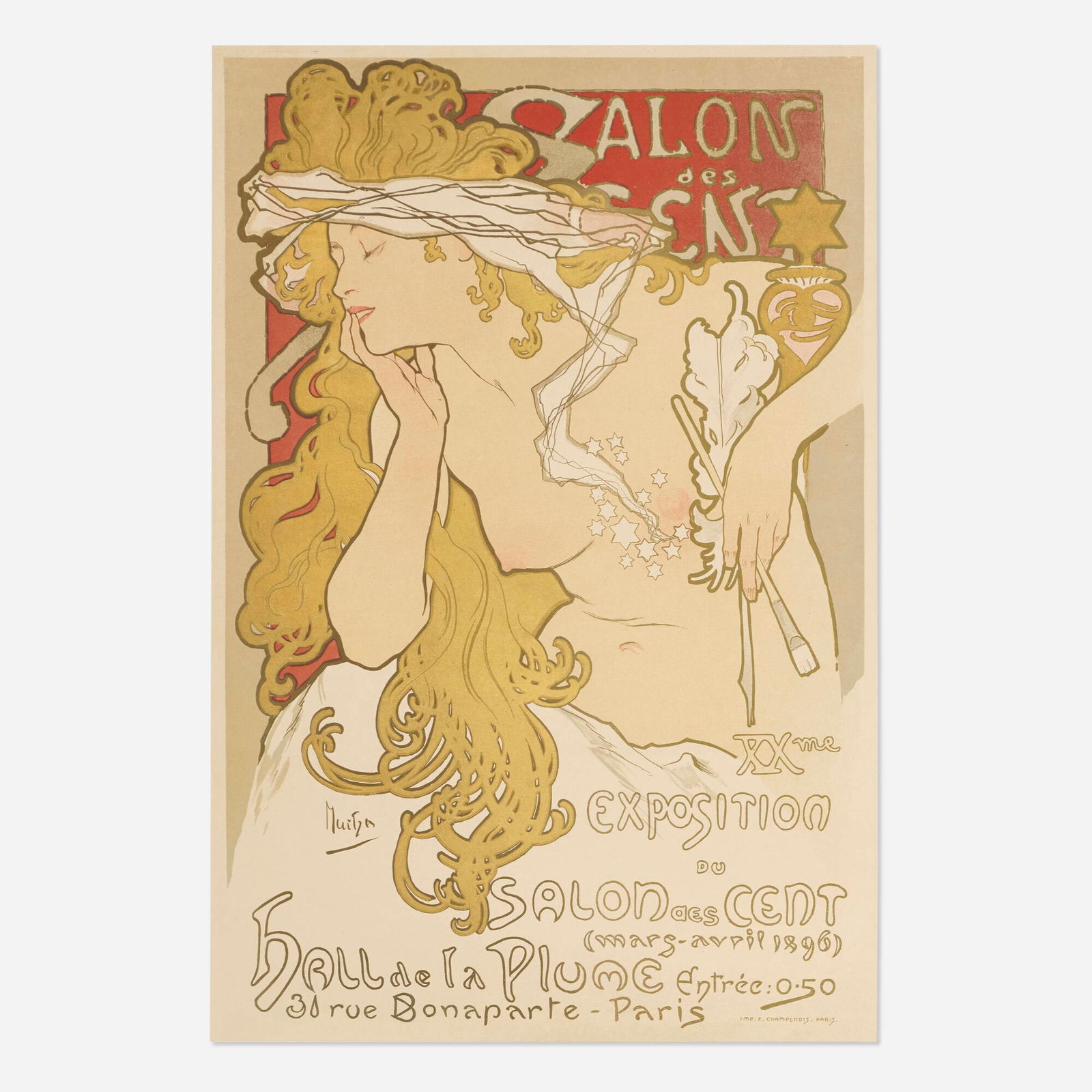Alphonse Mucha, Salon des Cent / XXme Exposition: Alphonse Mucha Salon des Cent / XXme Exposition 1896 25.25 h x 17 w in (64 x 43 cm) In 1896, Mucha was flush with success after his work for Sarah Bernhardt. But he was about to be exhibited alongsi