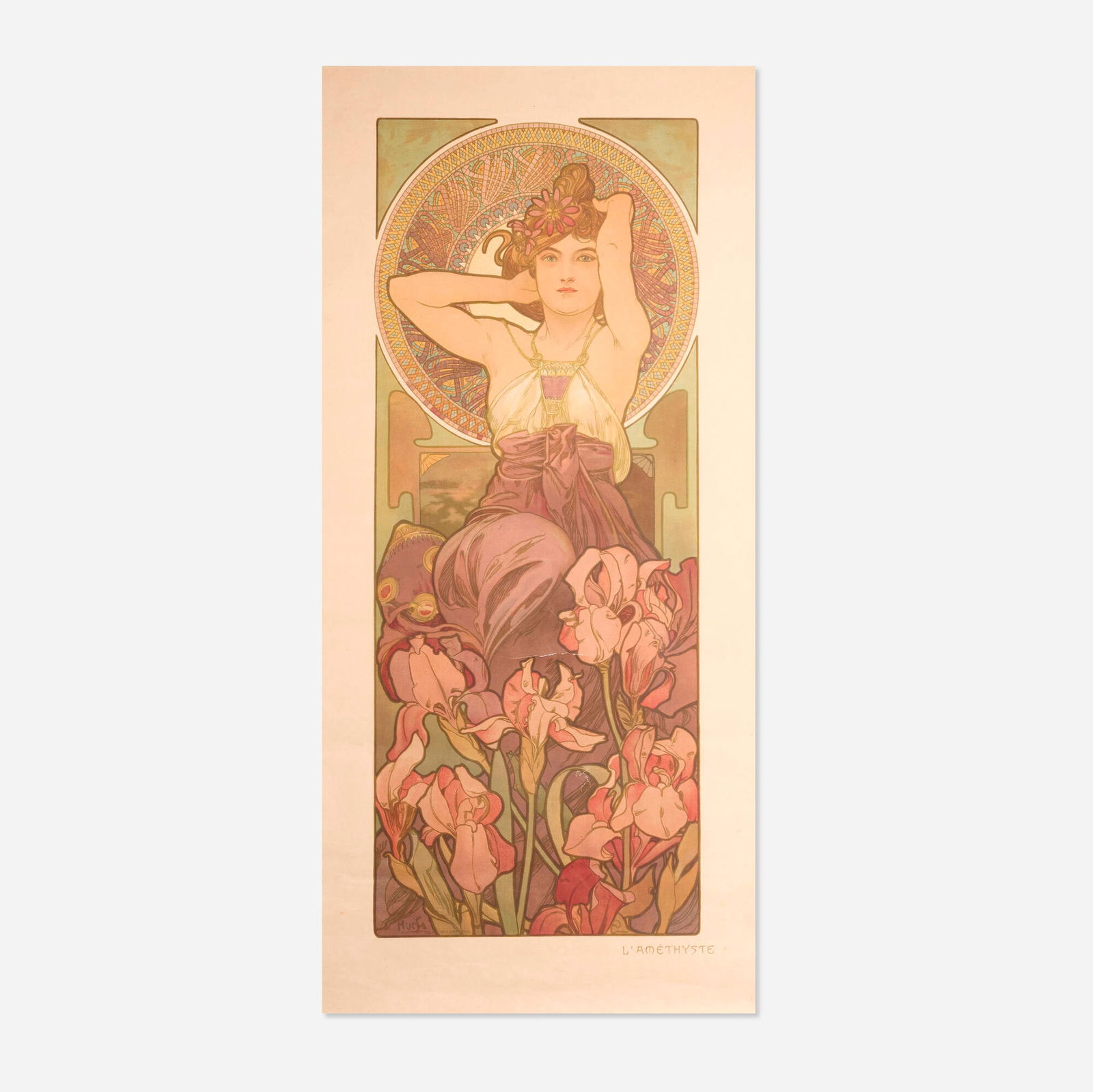 Alphonse Mucha, Precious Stones / L'Amethyste: Alphonse Mucha Precious Stones / L'Amethyste 1902 45.25 h x 21.75 w in (115 x 55 cm) "One of Mucha's best sets, and one of the rarest, with only three or four known to have survived among collectors