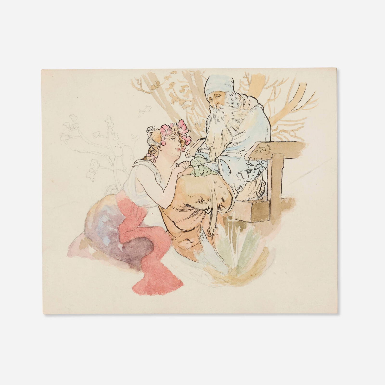 Alphonse Mucha, Ages of Man : Maquette: Alphonse Mucha Ages of Man : Maquette c. 1899watercolor, graphite and ink on paper 8 h x 9.625 w in (20 x 24 cm) This is a preliminary sketch for the fourth panel (Old Age) of Mucha's <