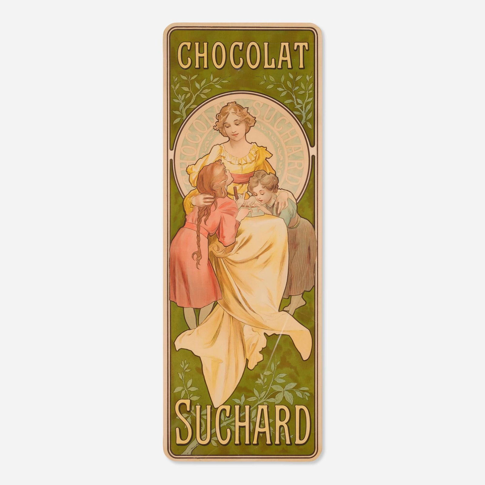 Alphonse Mucha, Chocolate Suchard: Alphonse Mucha Chocolate Suchard c. 1901 30.25 h x 11 w in (77 x 28 cm) "The work is unsigned, and the lettering is somewhat too unadorned for Mucha, but the overall design and execution are unmista