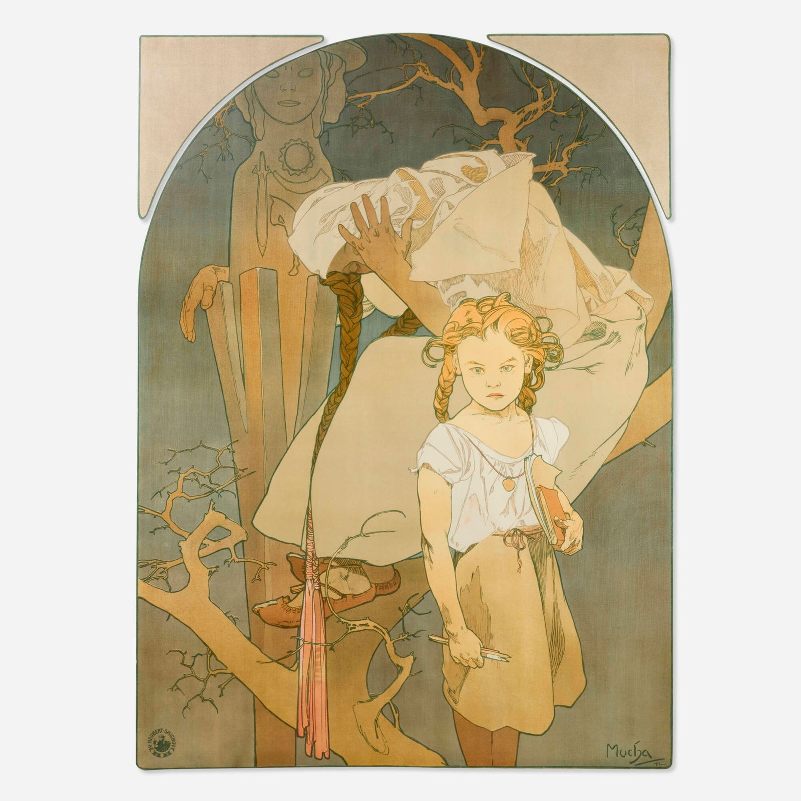 Alphonse Mucha, Lottery of the Union of Southwestern Moravia: Alphonse Mucha Lottery of the Union of Southwestern Moravia 1912 50.5 h x 38 w in (128 x 97 cm) "A forlorn school girl and the weeping figure of Slavia, symbolizing the mother country, make a heart-