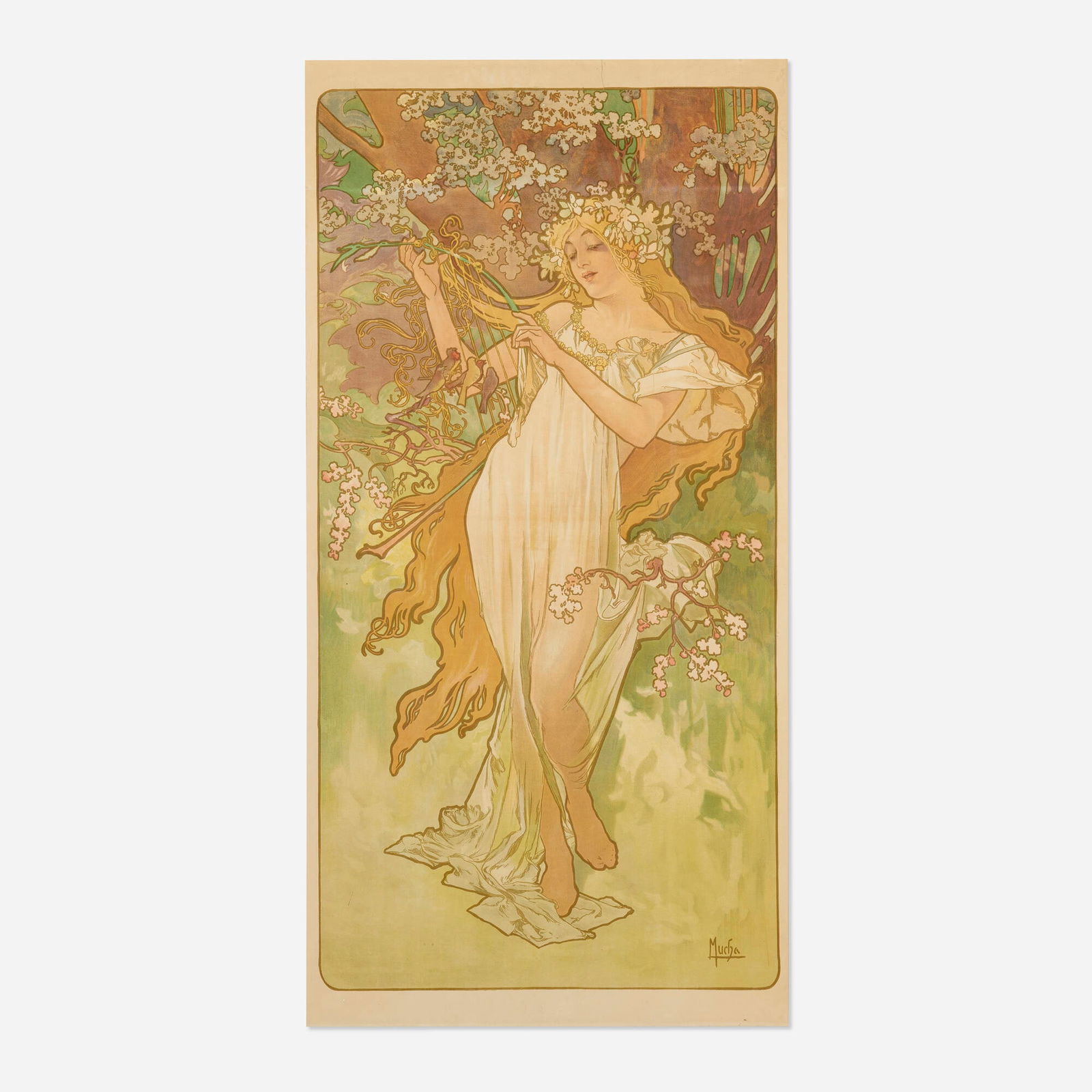 Alphonse Mucha, The Seasons / Spring: Alphonse Mucha The Seasons / Spring 1896 41.875 h x 21.25 w in (106 x 54 cm) This is the larger format Spring panel from the 1896 The Seasons series. "Spring is a blonde sylph who seem