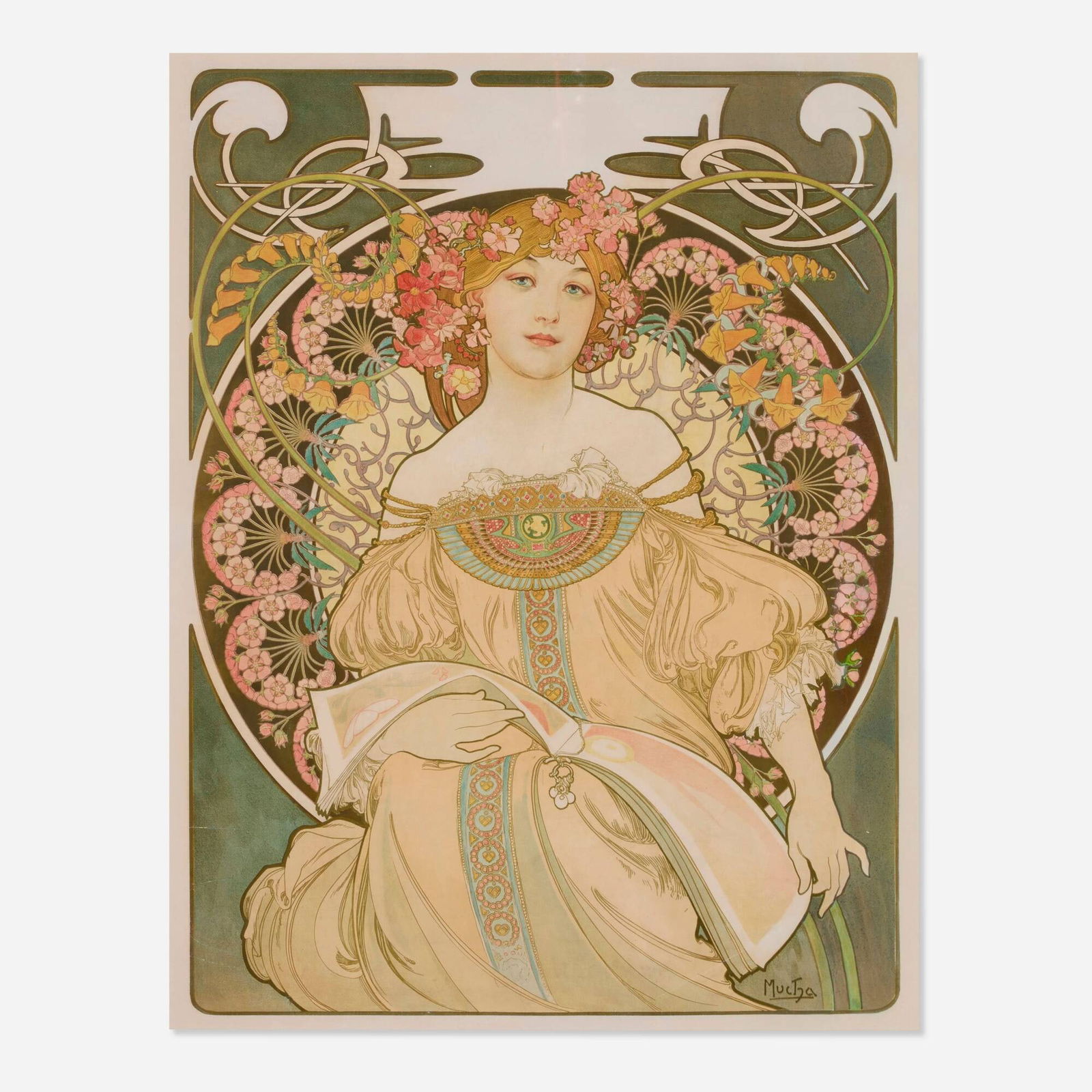 Alphonse Mucha, Reverie: Alphonse Mucha Reverie 25.75 h x 19.875 w in (65 x 50 cm) As one of Mucha's most popular and beautiful designs, widely sold by La Plume, this rare version before text presents the sublime beauty