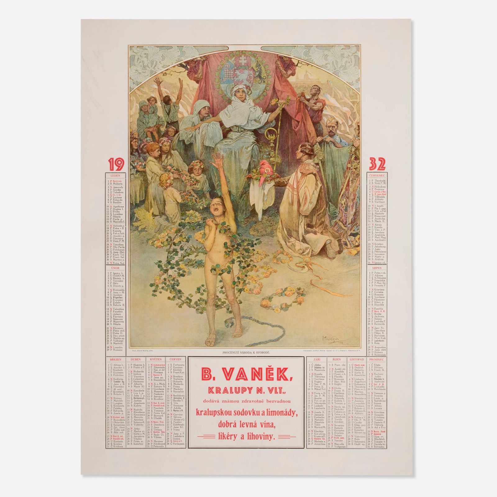 Alphonse Mucha, Awakening of the Nation: Alphonse Mucha Awakening of the Nation 1931offset lithograph 27 h x 19.625 w in (69 x 50 cm) Using the same image celebrating the establishment of the Czechoslovak state, the design now herald