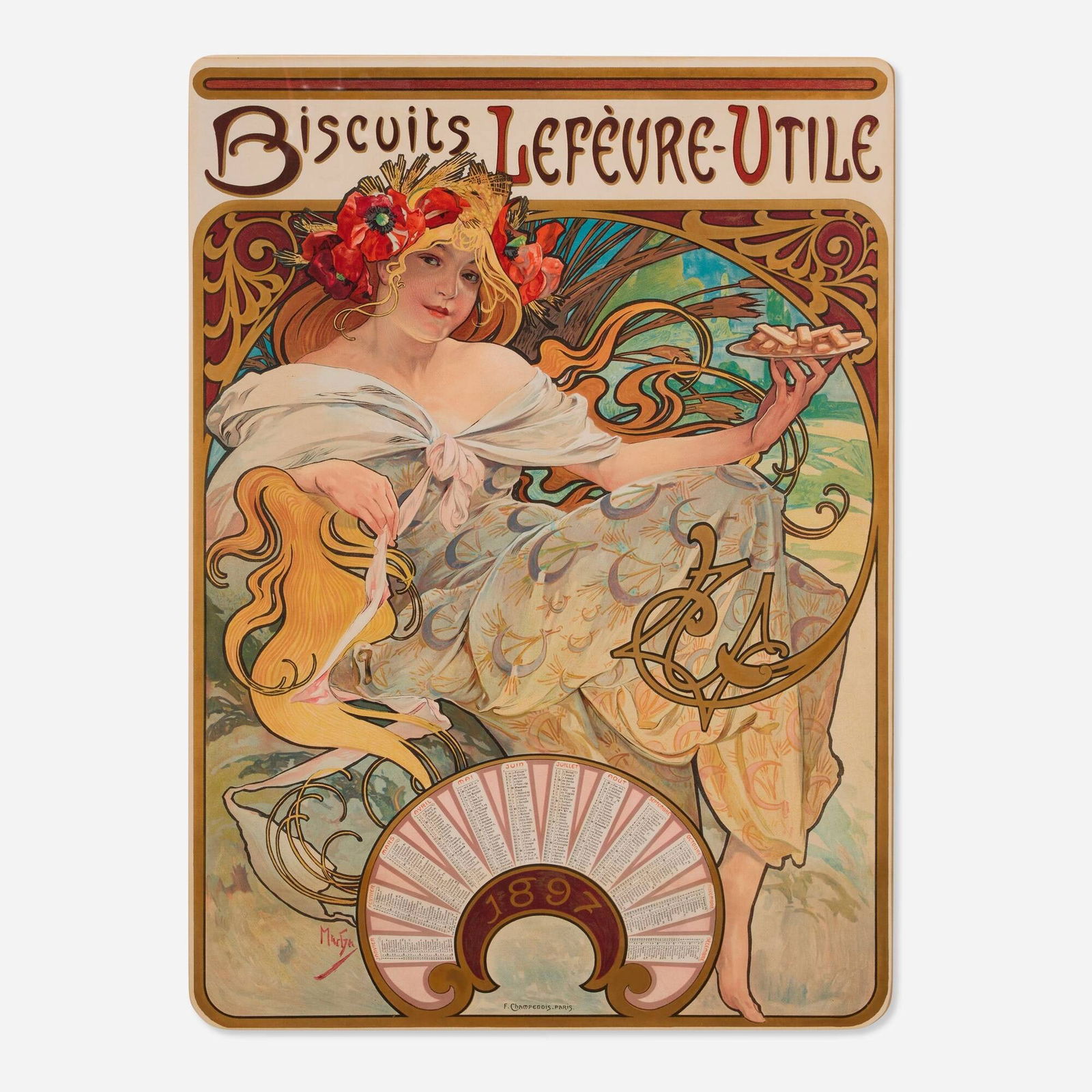 Alphonse Mucha, Biscuits Lefevre-Utile: Alphonse Mucha Biscuits Lefevre-Utile 1896 24 h x 17.375 w in (61 x 44 cm) "One of Mucha's most personable young ladies, her hair cascading irrepressibly in fine style, is offering a dish of wafers.