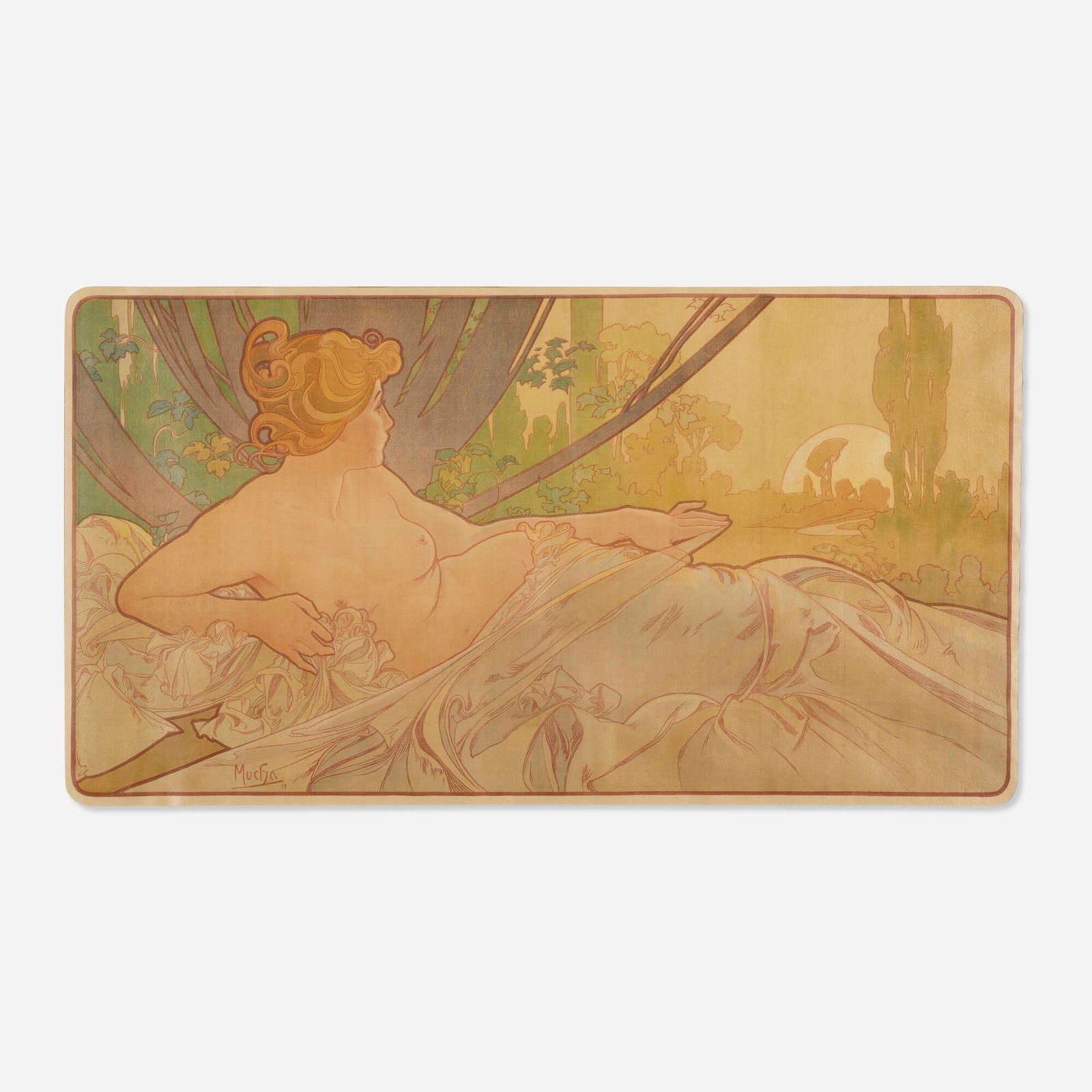 Alphonse Mucha, Dawn : On Silk: Alphonse Mucha Dawn : On Silk 1899 18.875 h x 34.625 w in (48 x 88 cm) This is the rare variant of Mucha's Dawn printed on silk. Imp. F. Champenois, Paris (not shown) Li