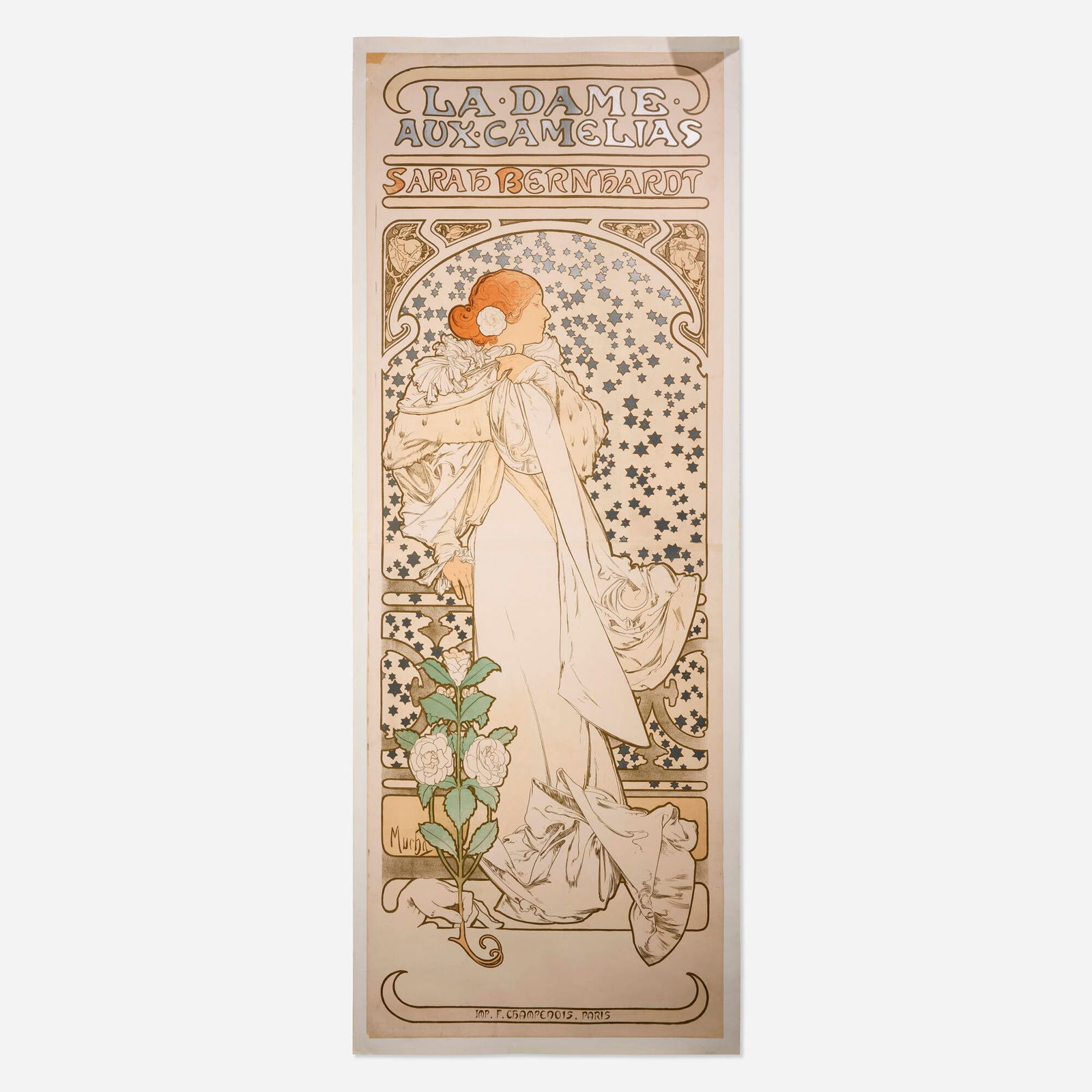 Alphonse Mucha, La Dame aux Camelias: Alphonse Mucha La Dame aux Camelias 1896 82.25 h x 30 w in (209 x 76 cm) "Alexander Dumas Jr.'s drama... had been very popular since its premier in 1852. Sarah Bernhardt considered it to be the key