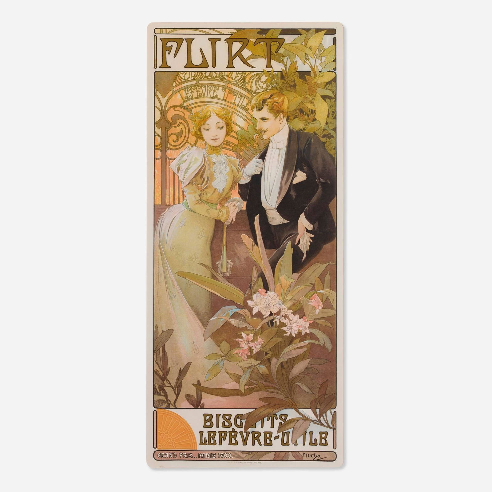 Alphonse Mucha, Flirt: Alphonse Mucha Flirt 1900 24.25 h x 10.75 w in (62 x 27 cm) "Flirt" was a brand of biscuit sold by Lefevre-Utile, but that becomes almost irrelevant to admirers of this classic depiction of love blo