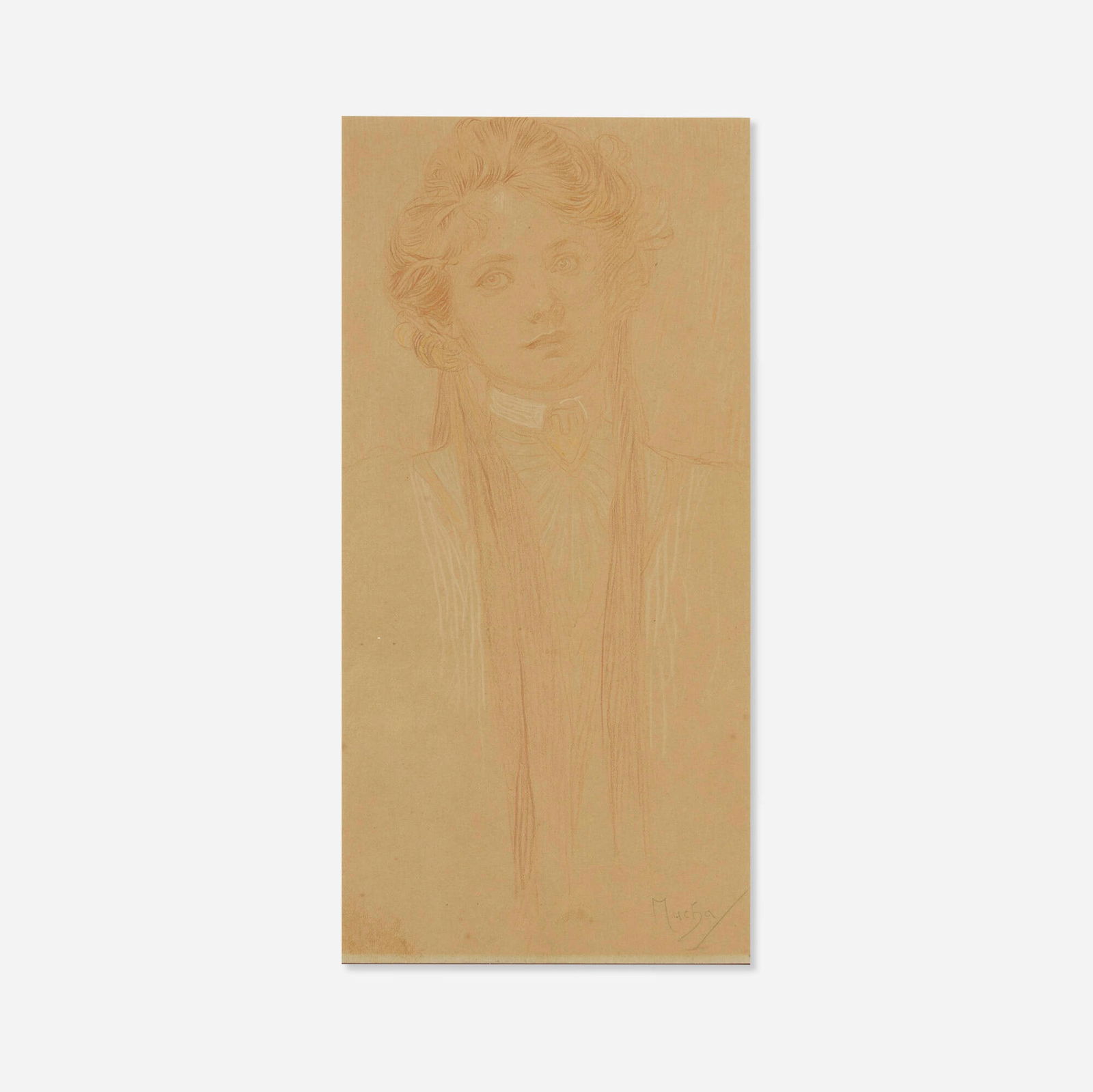 Alphonse Mucha, Portrait of a Girl : Drawing: Alphonse Mucha Portrait of a Girl : Drawing c. 1925conte crayon on paper 10.25 h x 5 w in (26 x 13 cm) This hand-signed crayon drawing may very well be a portrait of the artist's daughter, Jar