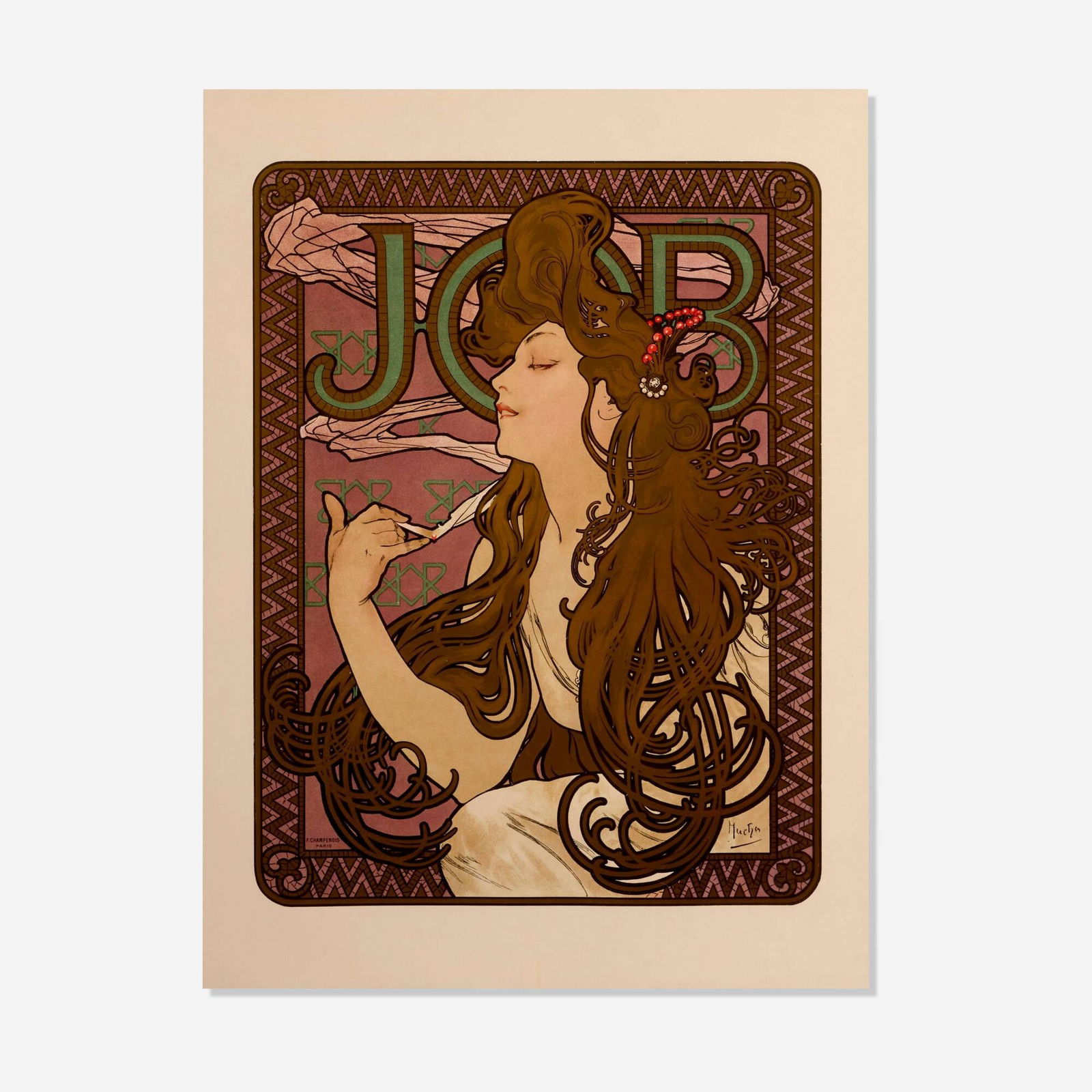 Alphonse Mucha, Job: Alphonse Mucha Job 1896 24.5 h x 18.125 w in (62 x 46 cm) This is Mucha's single most famous work, though it seems impossible that such flamboyant effort would be devoted to selling cigarette papers