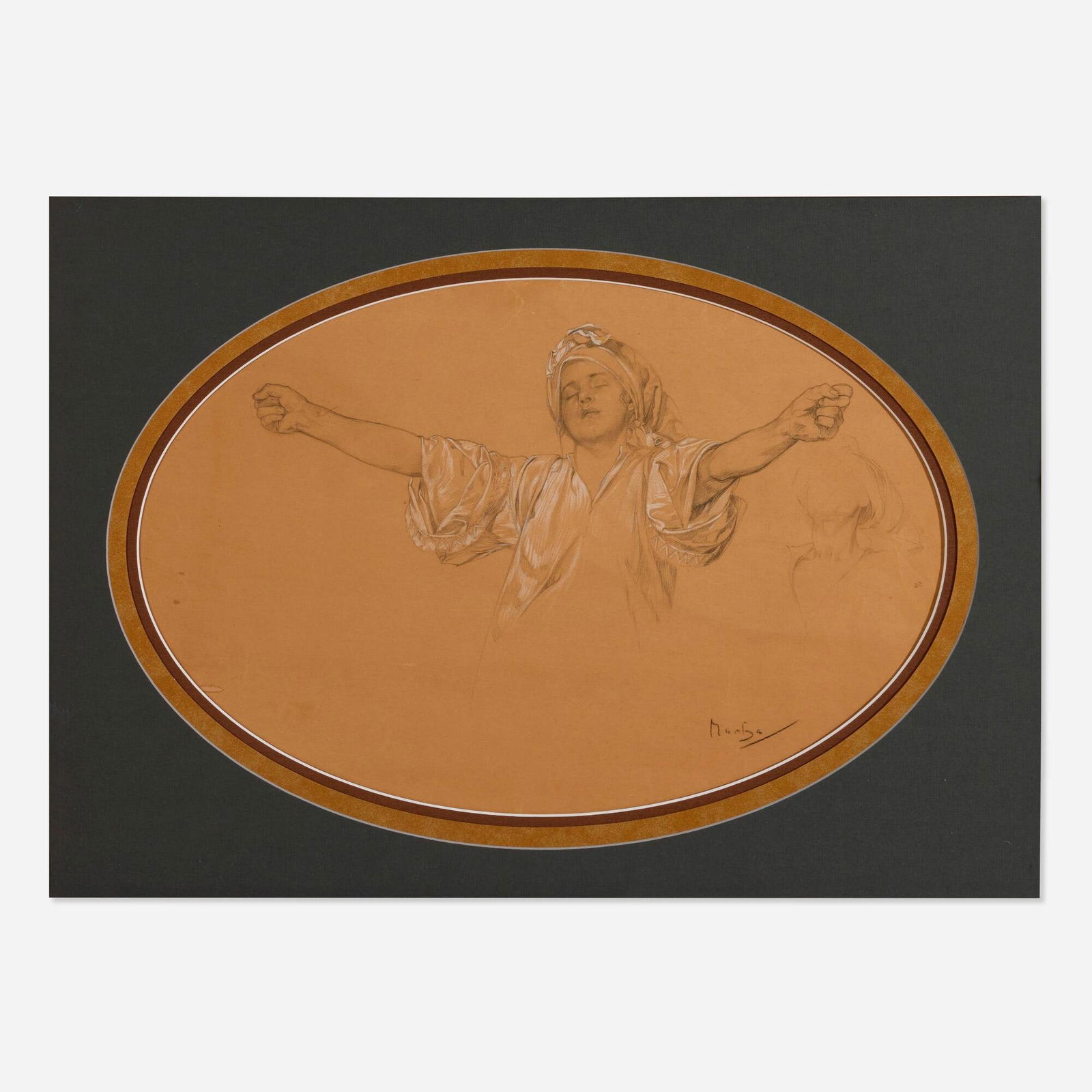 Alphonse Mucha, Vernost : Drawing: Alphonse Mucha Vernost : Drawing pencil and crayon on paper 15 h x 22.375 w in (38 x 57 cm) Mucha created this image titled Loyalty as a study for a panel in the Mayor's office in the Municip