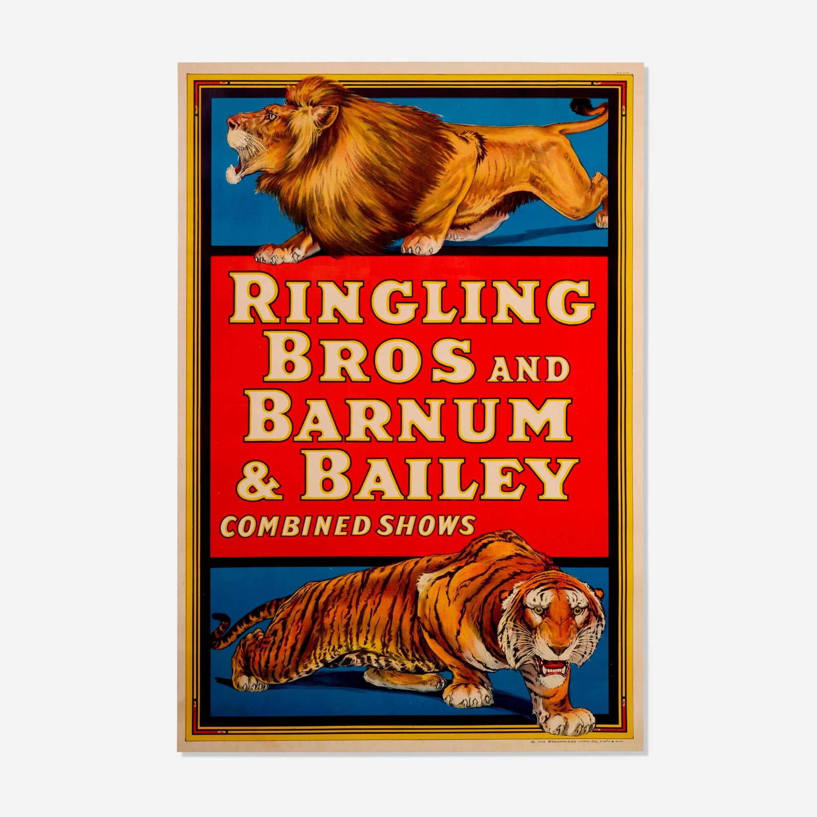 Ringling Bros and Barnum & Bailey: Ringling Bros and Barnum & Bailey c. 1918 40.375 h x 27.375 w in (103 x 70 cm) This anonymous artist keeps the design simple to showcase the unification of these two iconic circus troupes, symbolized 