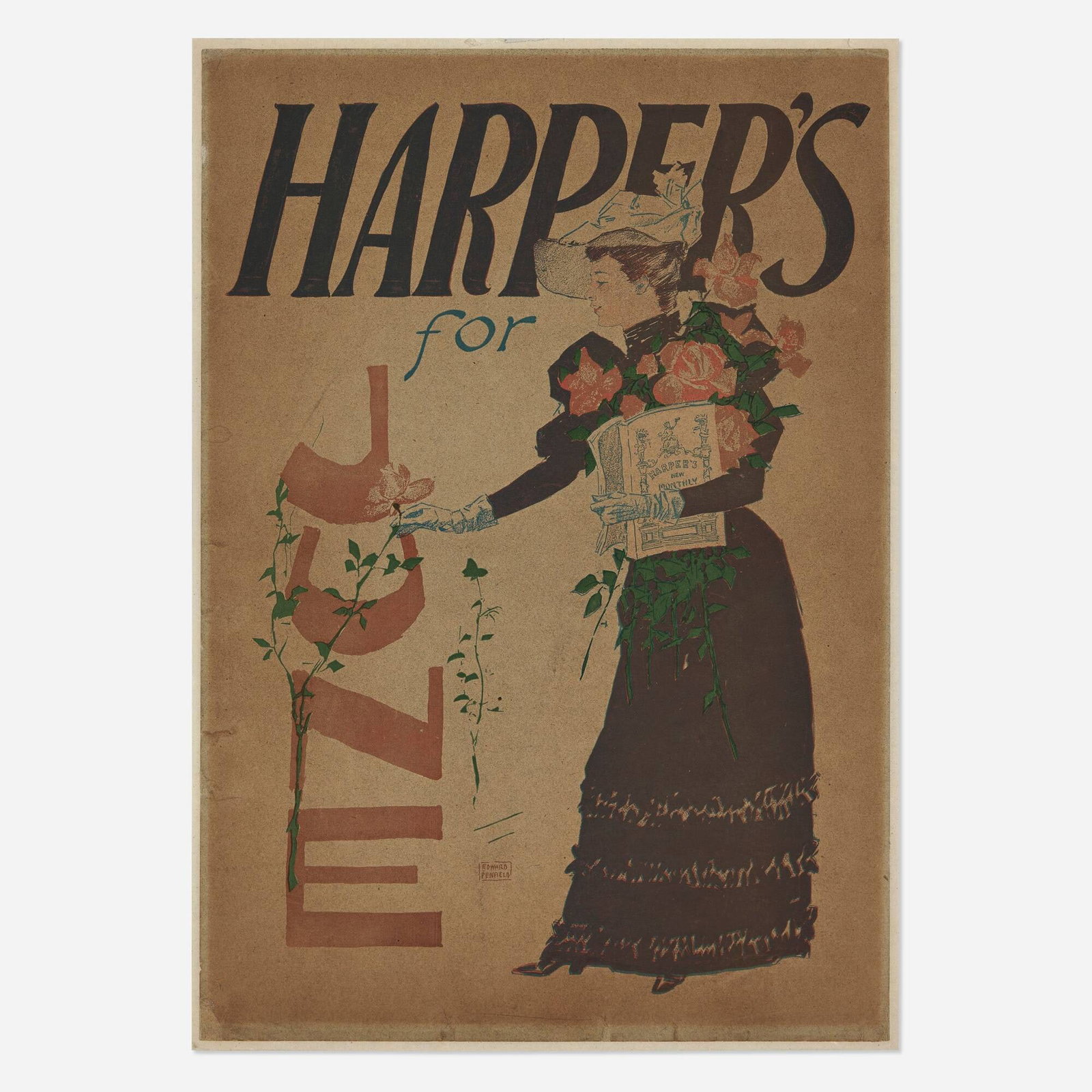 Edward Penfield, Harper's for June: Edward Penfield Harper's for June 1893 18.75 h x 13 w in (48 x 33 cm) This design comes from Penfield's first year working at Harper's, and it's also the first time we've offered this image. It's a