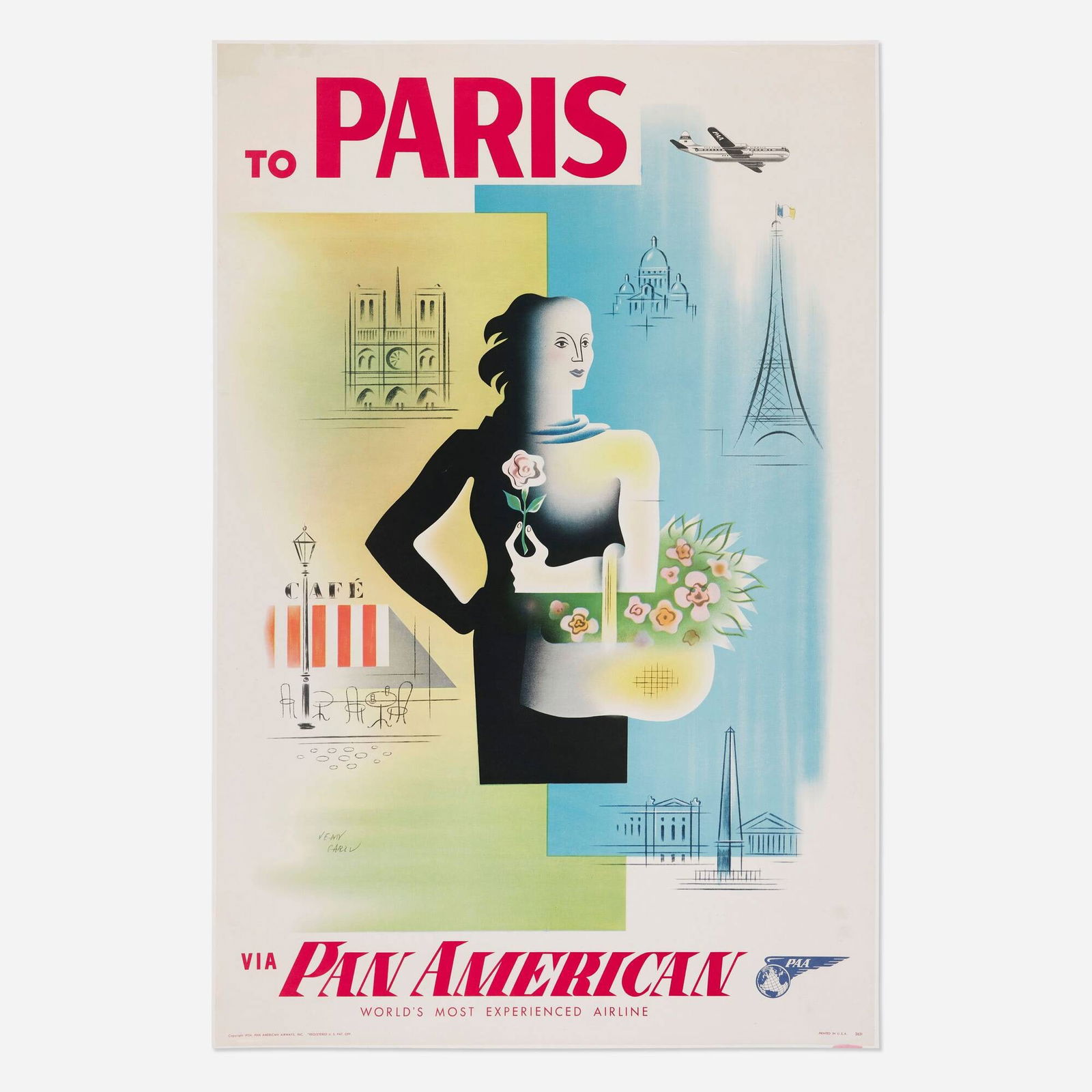 Jean Carlu, Pan American / to Paris: Jean Carlu Pan American / to Paris 1954offset lithograph in colors 41.625 h x 27.375 w in (106 x 70 cm) In the last of his eight-year stay in the U.S., Carlu executed eight posters for Pan Am,