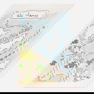 Jean Cocteau, Air France / Paris: Jean Cocteau Air France / Paris 29.5 h x 21.375 w in (75 x 54 cm) "Poets don't draw," Jean Cocteau once said. "They unravel their handwriting and then tie it up again, but differently." This concept i