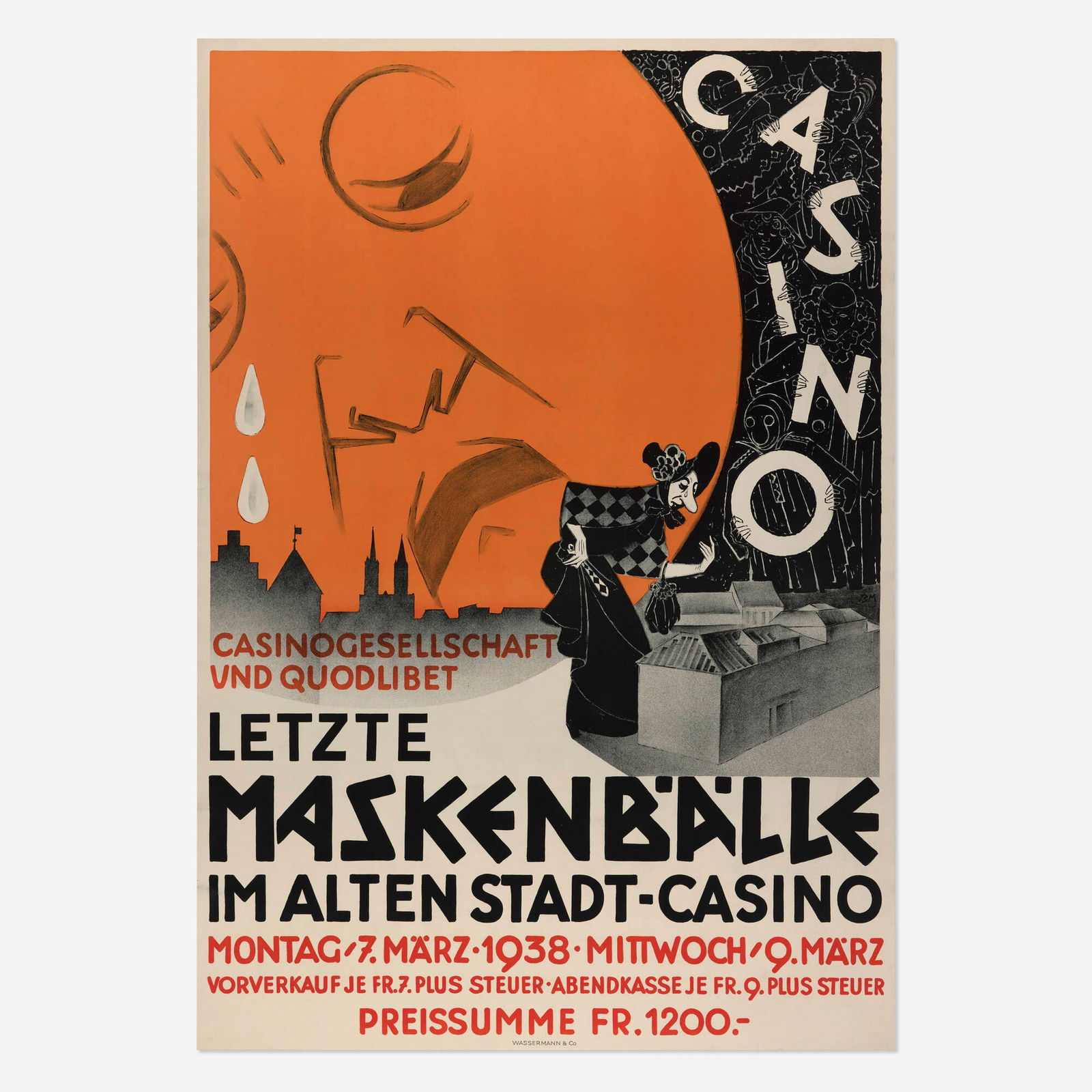 Burkhard Mangold, Letzte Maskenballe im alten Stadt-Casino vintage poster: Burkhard Mangold Letzte Maskenballe im alten Stadt-Casino vintage poster 1938 51.25 h x 35.5 w in (130 x 90 cm) This Art Deco poster advertises the "Last Masqued Balls" to be held at the old Stadt-C