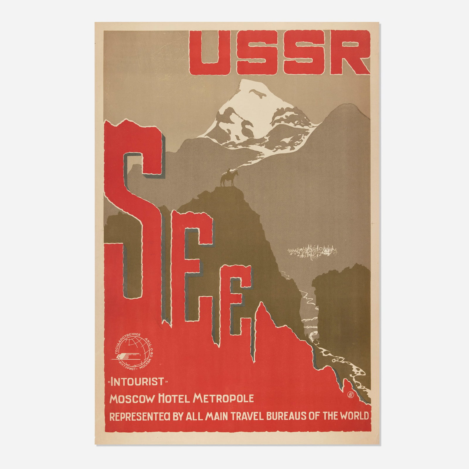 Intourist / USSR See vintage poster: Intourist / USSR See vintage poster c. 1935 39.5 h x 26.625 w in (100 x 68 cm) This Soviet-era, English-language travel poster by Intourist masterfully transforms the word "SEE" into a dramatic mounta
