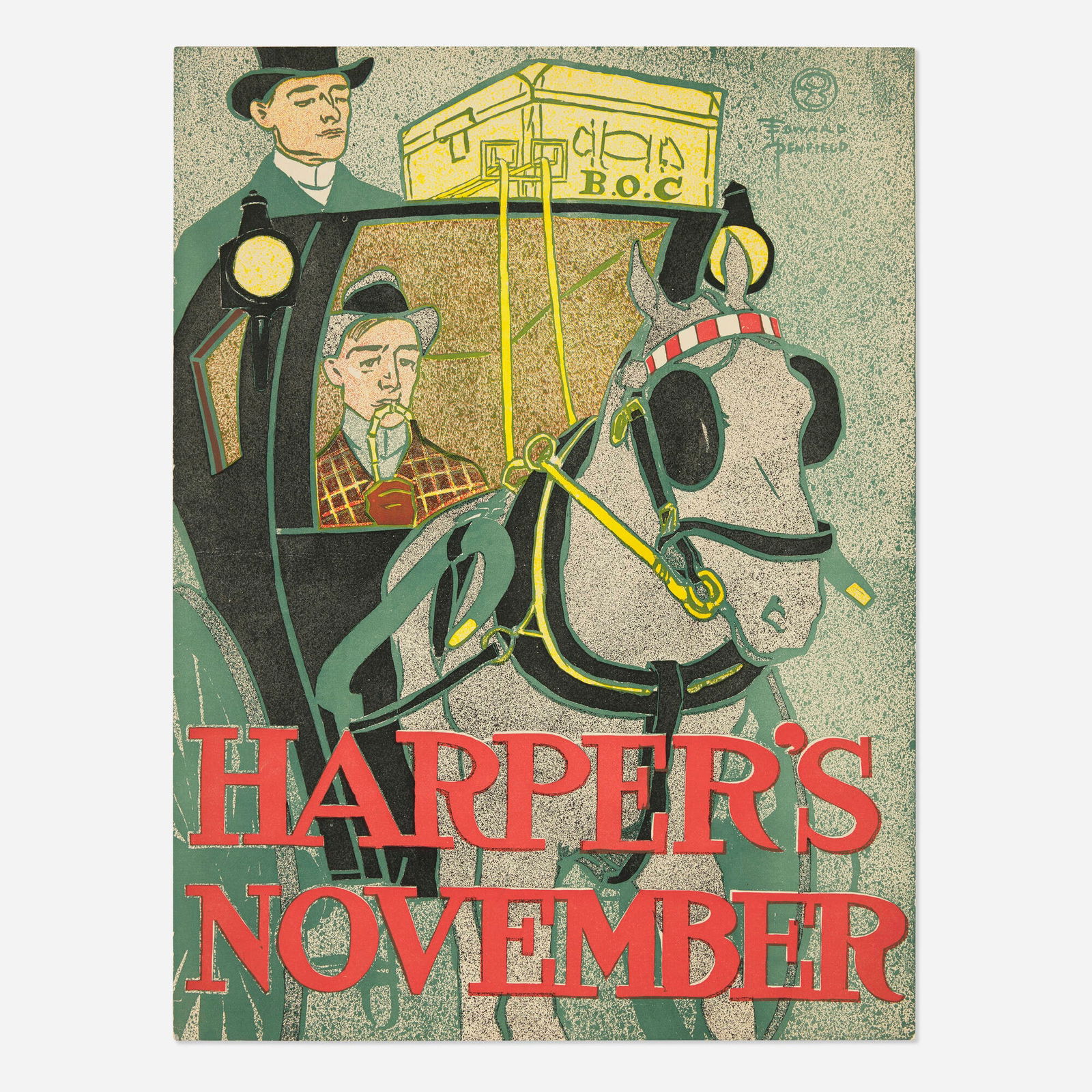 Edward Penfield, Harper's / November vintage poster: Edward Penfield Harper's / November vintage poster 1896 18 h x 13.5 w in (46 x 34 cm) Always eager to imply that Harper's readers are of a certain social class and educational background, Pen