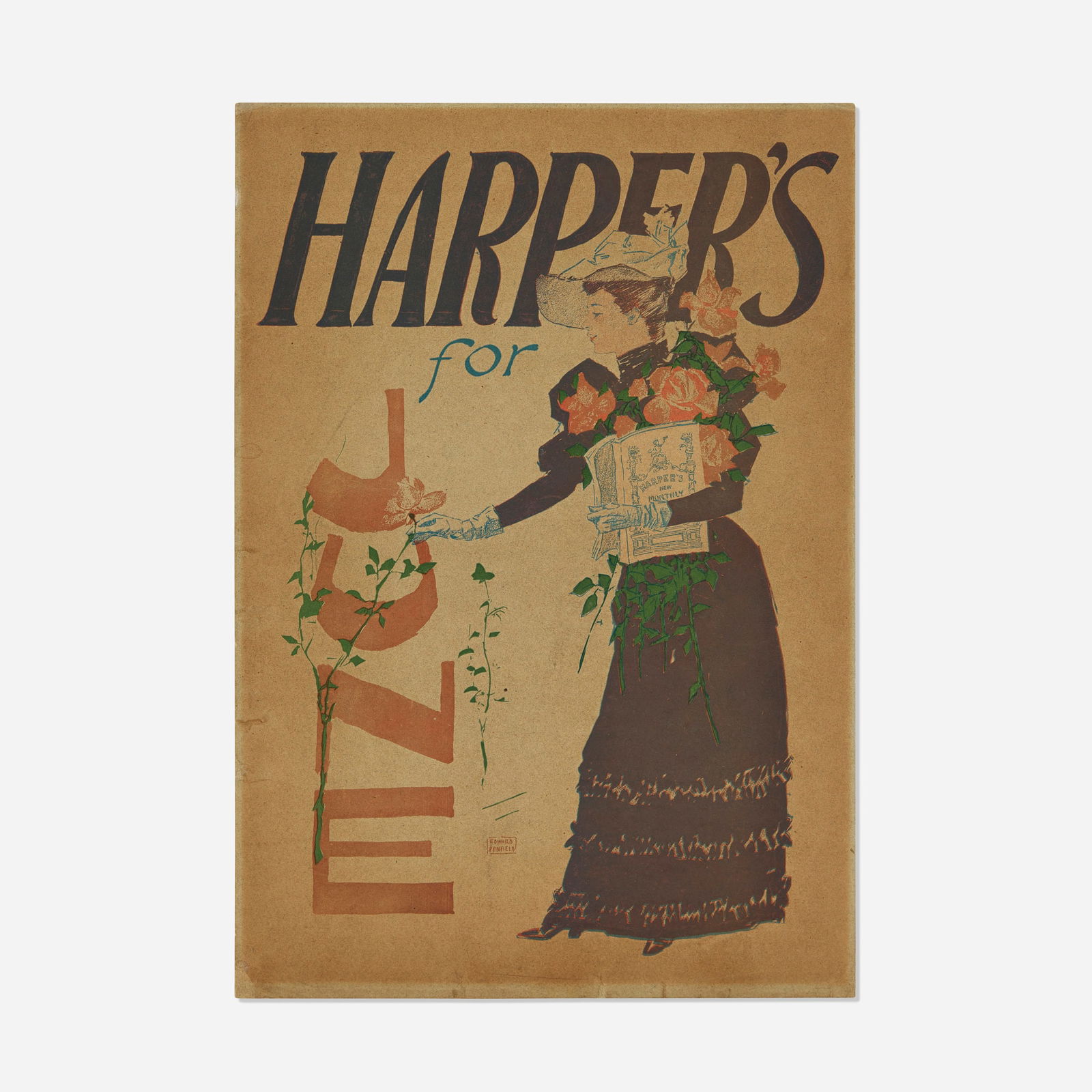 Edward Penfield, Harper's for June vintage poster: Edward Penfield Harper's for June vintage poster 1893 18.75 h x 13 w in (48 x 33 cm) This design comes from Penfield's first year working at Harper's. It's a lovely and delicate scene that leans mor