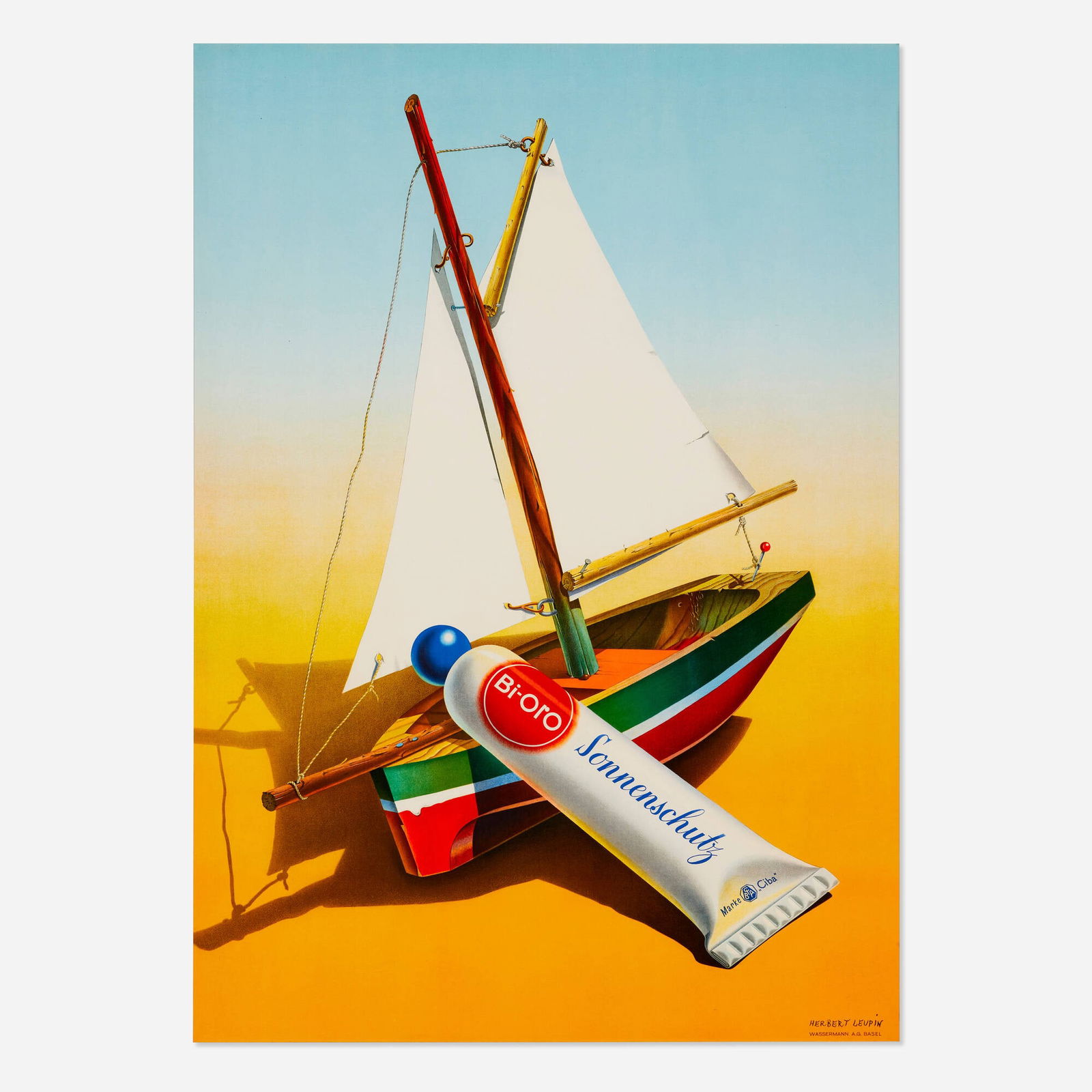 Herbert Leupin, Bi-Oro / Sonnenschutz vintage poster: Herbert Leupin Bi-Oro / Sonnenschutz vintage poster 1942 sight: 49.25 h x 35 w in (125 x 89 cm) A fantastic example of an Object Poster, this photorealistic design of a toy sailboat advertises Bi-Or