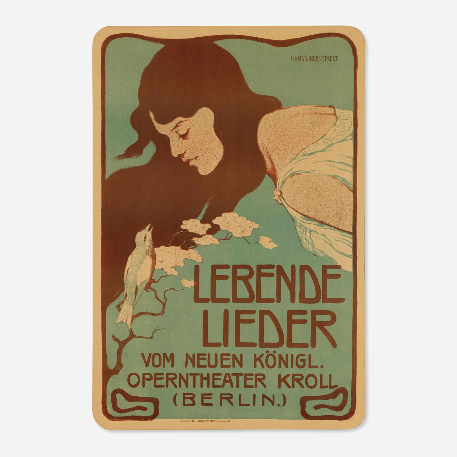 Hans Lindenstaedt, Lebende Lieder vom Neuen Konigl Operntheater Kroll vintage poster: Hans Lindenstaedt Lebende Lieder vom Neuen Konigl Operntheater Kroll vintage poster c. 1901-03 27.75 h x 18.5 w in (70 x 47 cm) This poster announces the Lebende Lieder (Living Songs) program of Ber