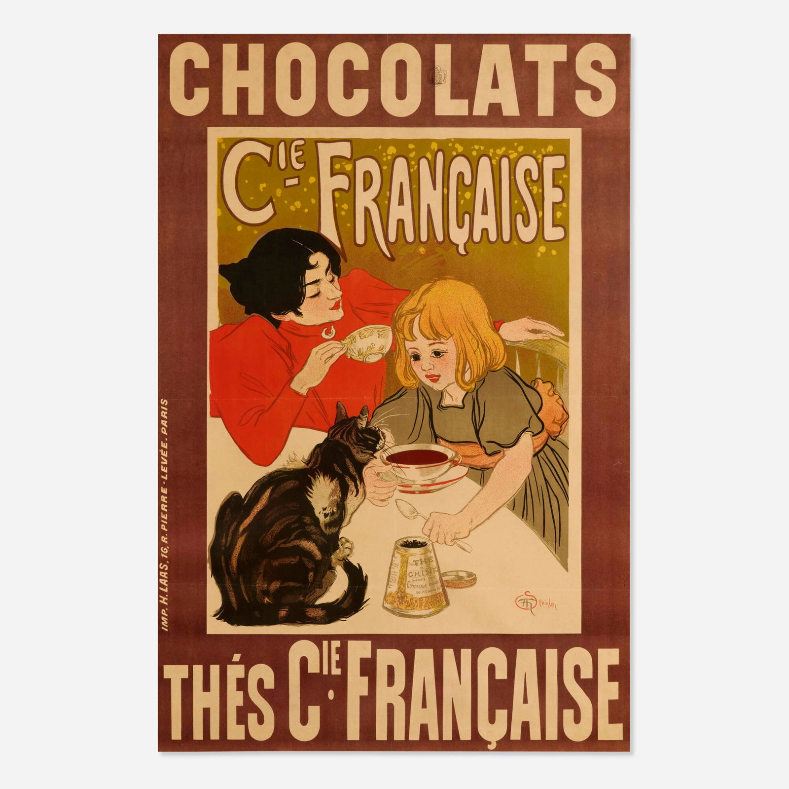Theophile-Alexandre Steinlen, Chocolats / Thes Cie Francaise vintage poster: Theophile-Alexandre Steinlen Chocolats / Thes Cie Francaise vintage poster 1895 sight: 45.5 h x 30 w in (116 x 76 cm) In one of Steinlen's most tender posters, we are offered an intimate peek into h