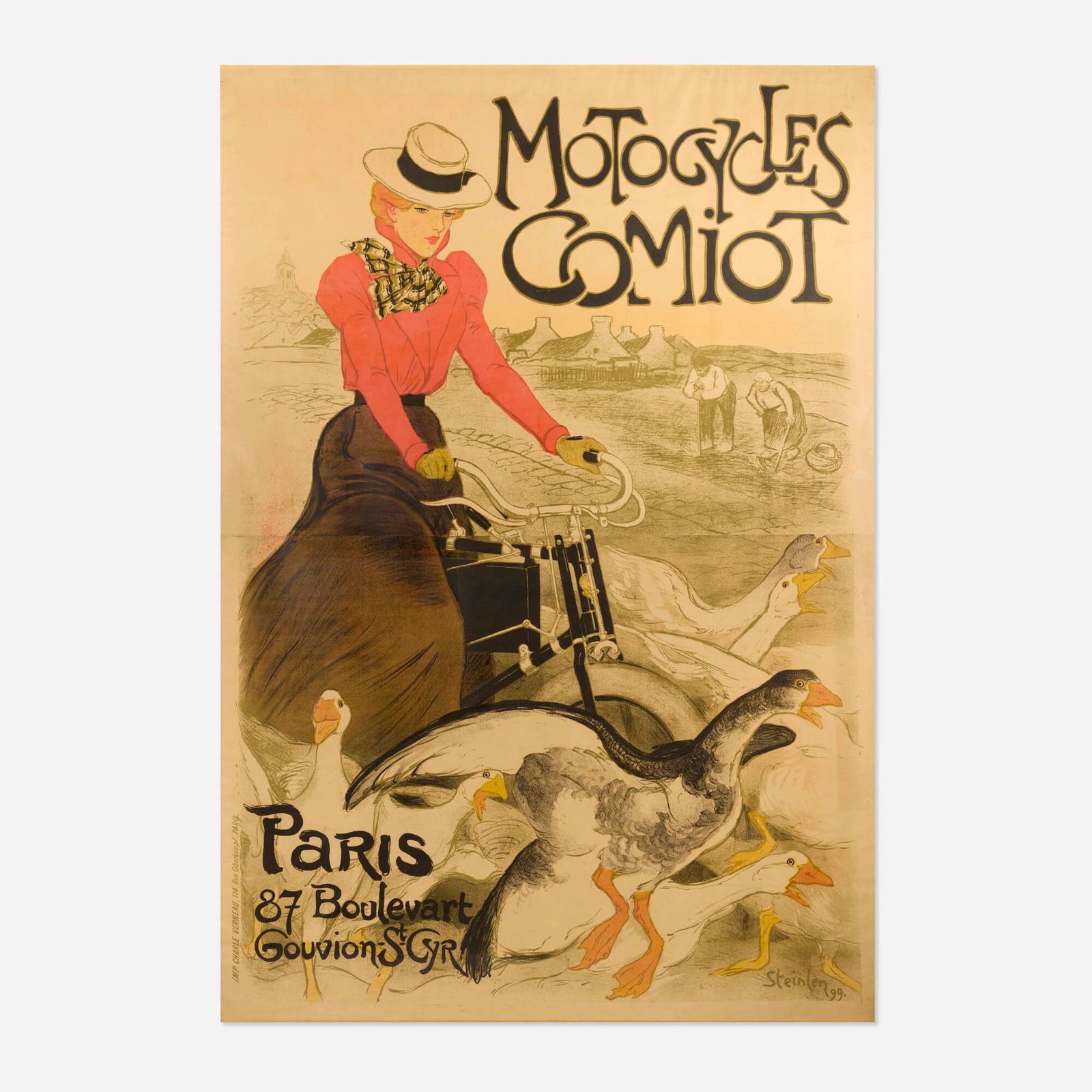 Theophile-Alexandre Steinlen, Motocycles Comiot vintage poster: Theophile-Alexandre Steinlen Motocycles Comiot vintage poster 1899 sight: 78 h x 53.75 w in (198 x 137 cm) Based off of models by Dion-Bouton, Comiot Cycles was a short-lived brand produced around t