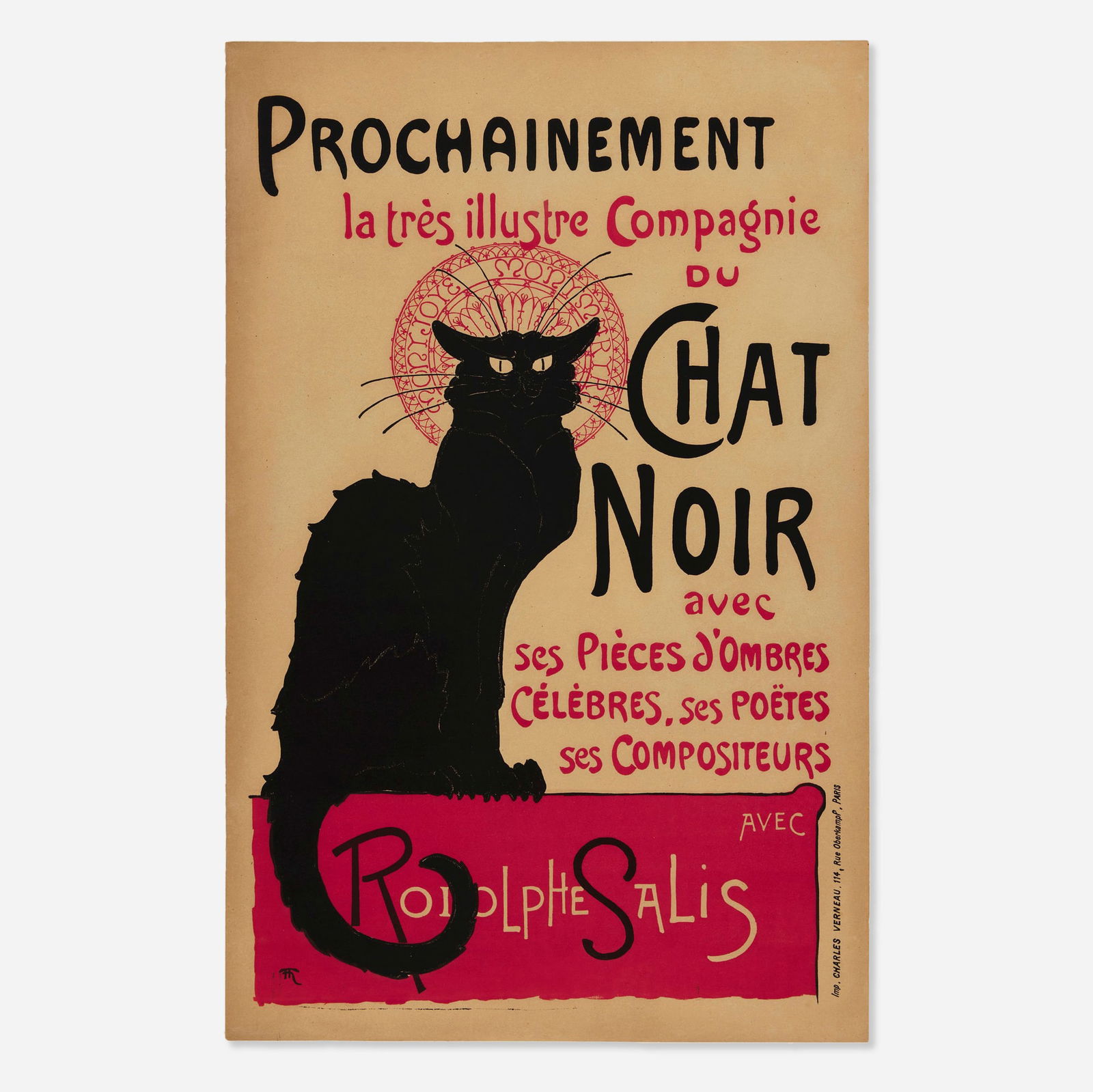Theophile-Alexandre Steinlen, Chat Noir / Prochainement vintage poster: Theophile-Alexandre Steinlen Chat Noir / Prochainement vintage poster 1896 24.5 h x 15.5 w in (62 x 39 cm) The text here promotes the opening tour of the Chat Noir's resident performers, boasting a
