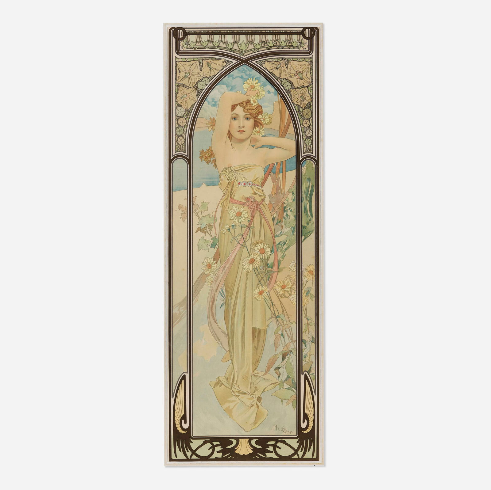 Alphonse Mucha, Times of the Day / Eclat du Jour vintage poster: Alphonse Mucha Times of the Day / Eclat du Jour vintage poster 1899 sight: 40 h x 14.125 w in (102 x 36 cm) At the dawn of the twenty-first century, Mucha envisioned a "quartet of barefoot young lad