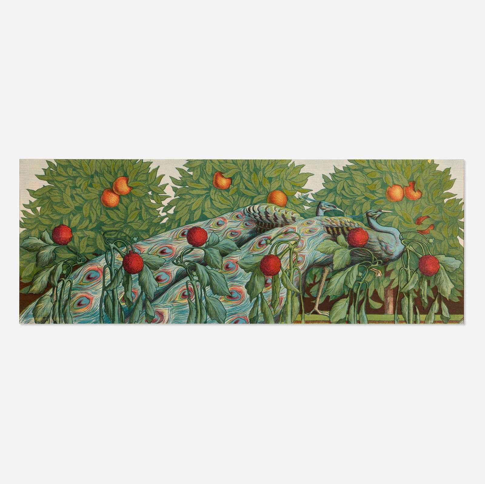 Alfred Muller, Peacocks vintage poster: Alfred Muller Peacocks vintage poster 1901 sight: 21.375 h x 57.625 w in (54 x 146 cm) These colorful and elegant peacocks, at once both integrated into and decorously separate from their lush surro