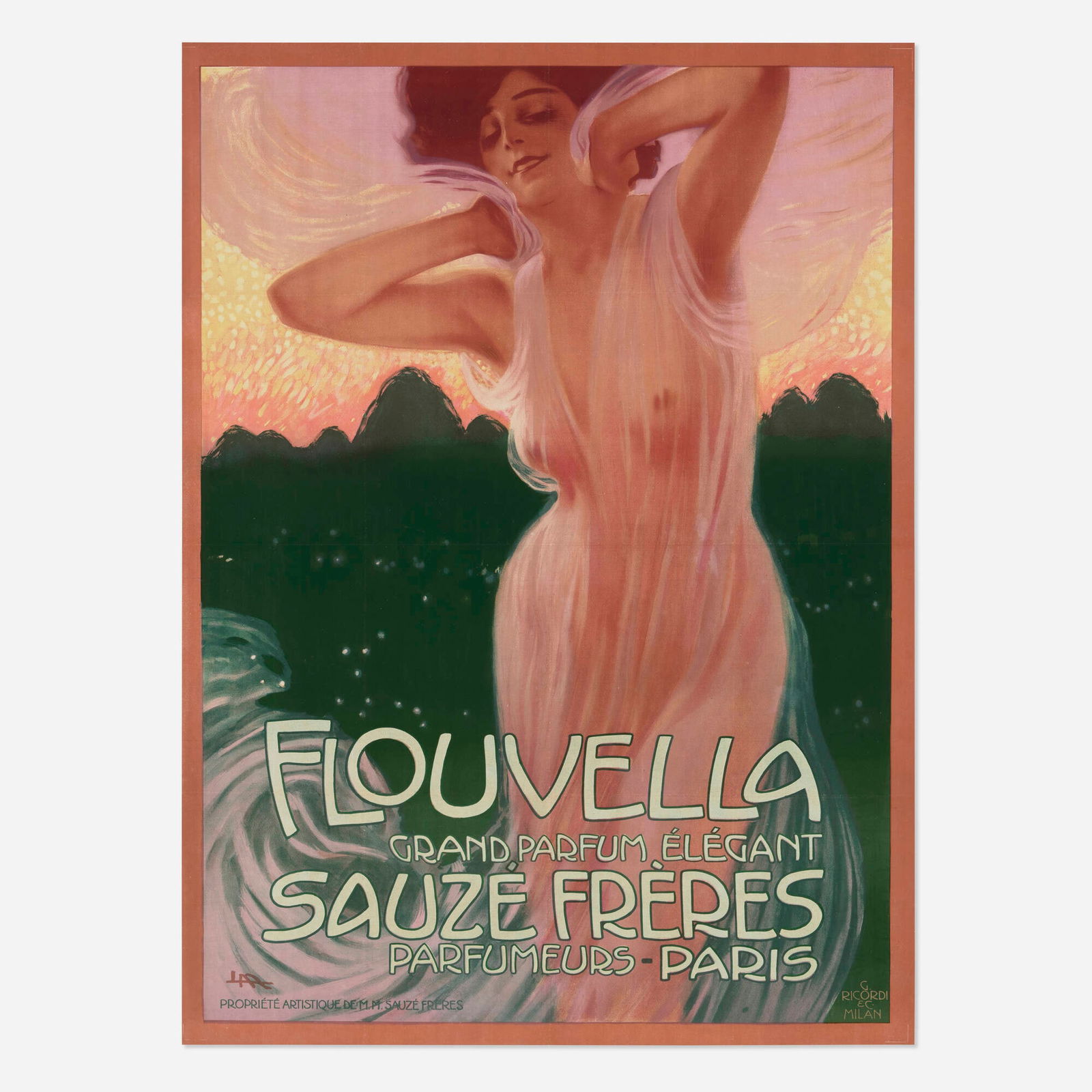 Leopoldo Metlicovitz, Flouvella vintage poster: Leopoldo Metlicovitz Flouvella vintage poster c. 1910 43.75 h x 32 w in (111 x 81 cm) One of several designs Metlicovitz prepared for the Sauze Freres cosmetics firm, this dreamy, twilight rendering