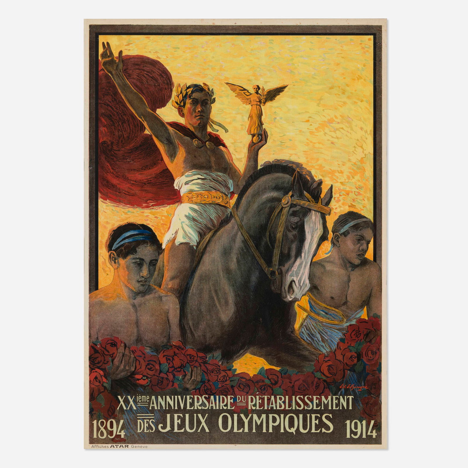 Edouard Elzingre, XXieme Anniversaire du Retablissement des Jeux Olympiques / 1894-1914 vintage: Edouard Elzingre XXieme Anniversaire du Retablissement des Jeux Olympiques / 1894-1914 vintage poster 1914 sight: 40.125 h x 28.375 w in (102 x 72 cm) In 1914, members of the sixth Olympic Congress