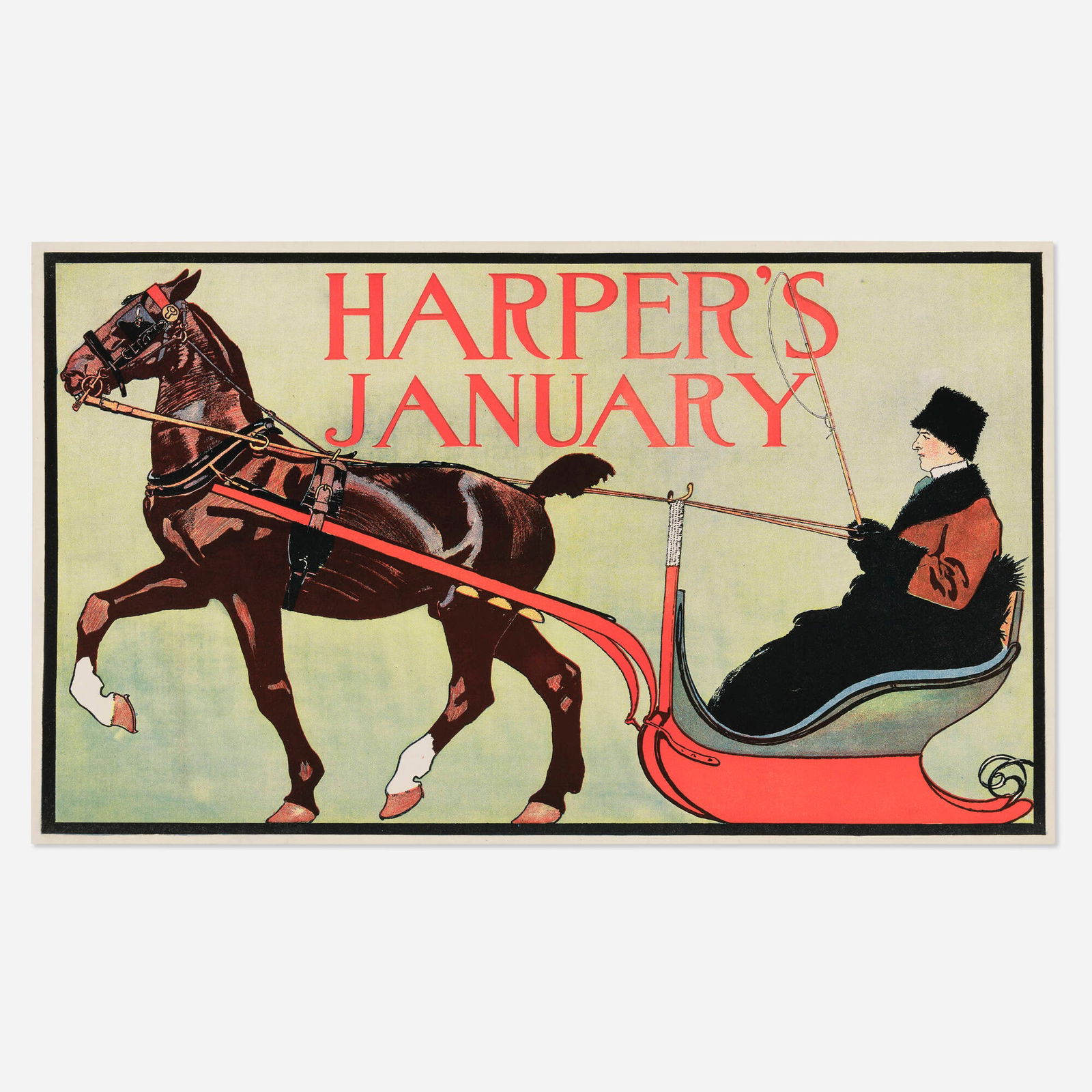 Edward Penfield, Harper's / January vintage poster: Edward Penfield Harper's / January vintage poster 1899 11.5 h x 19.625 w in (29 x 50 cm) Harper's heralds its January 1899 issue with an illustration of a stately horse pulling a sled carryin