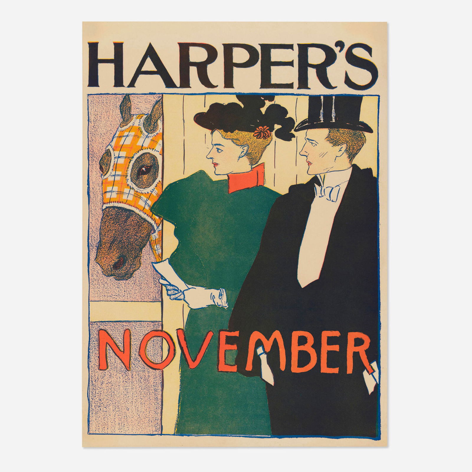 Edward Penfield, Harper's / November vintage poster: Edward Penfield Harper's / November vintage poster 1895 16.5 h x 11.75 w in (42 x 30 cm) "In honor of the National Horse Show, Penfield has an elegantly dressed couple inspect one of the entries. Ac