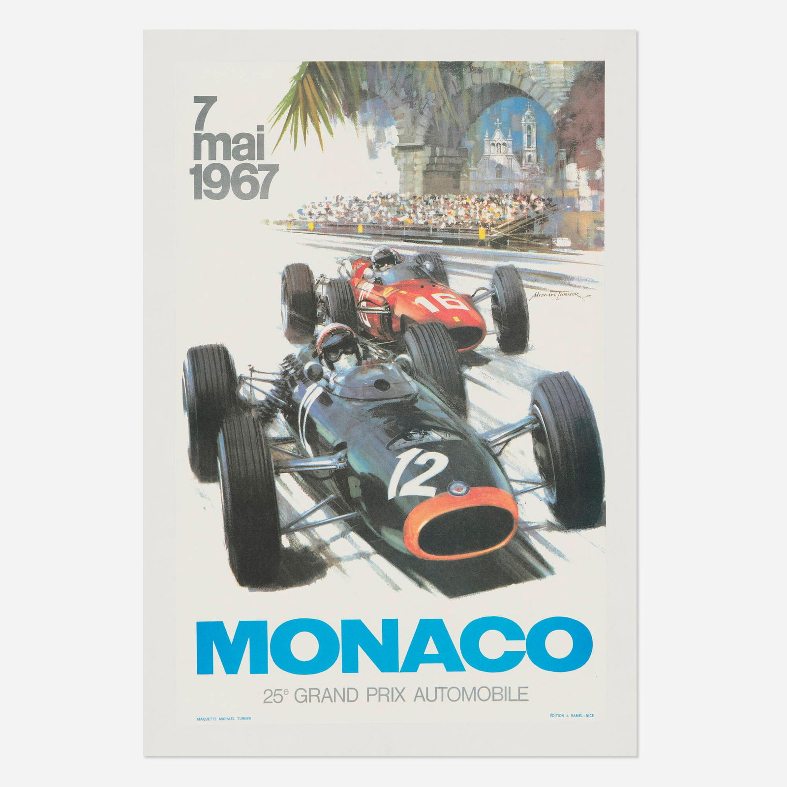 Michael Turner, Monaco / Grand Prix 1967 vintage poster: Michael Turner Monaco / Grand Prix 1967 vintage poster 1967offset lithograph in colors 24.25 h x 15.75 w in (62 x 40 cm) Strikingly offset against the Byzantine church and stone archways of th