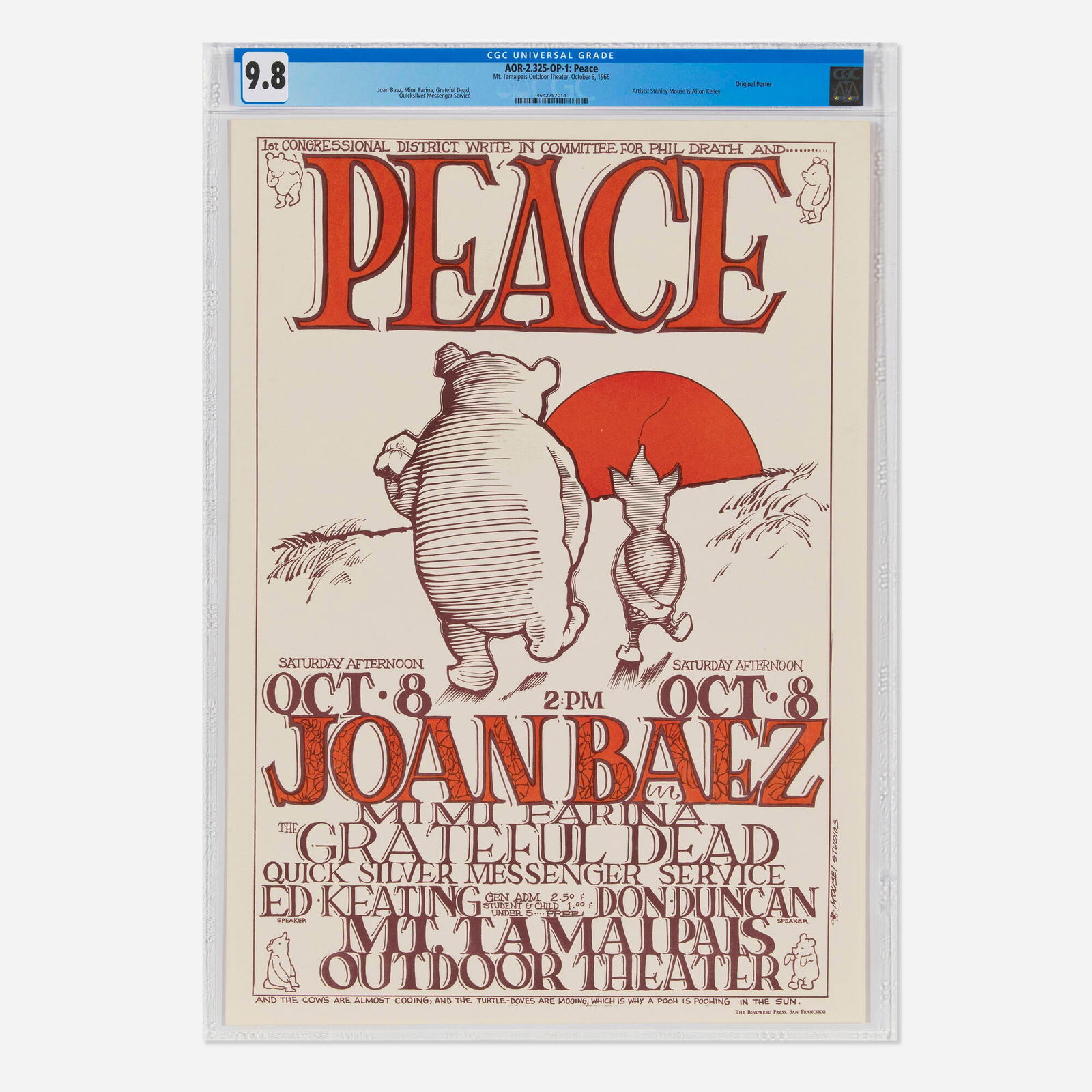 Mouse Studios, AOR-2.325-OP-1 Joan Baez & Grateful Dead 1966 Mt. Tamalpais Outdoor Theatre CGC 9.8: Mouse Studios AOR-2.325-OP-1 Joan Baez & Grateful Dead 1966 Mt. Tamalpais Outdoor Theatre CGC 9.8 This original first printing poster, a stunning example of graphic commentary and a top pop collectibl